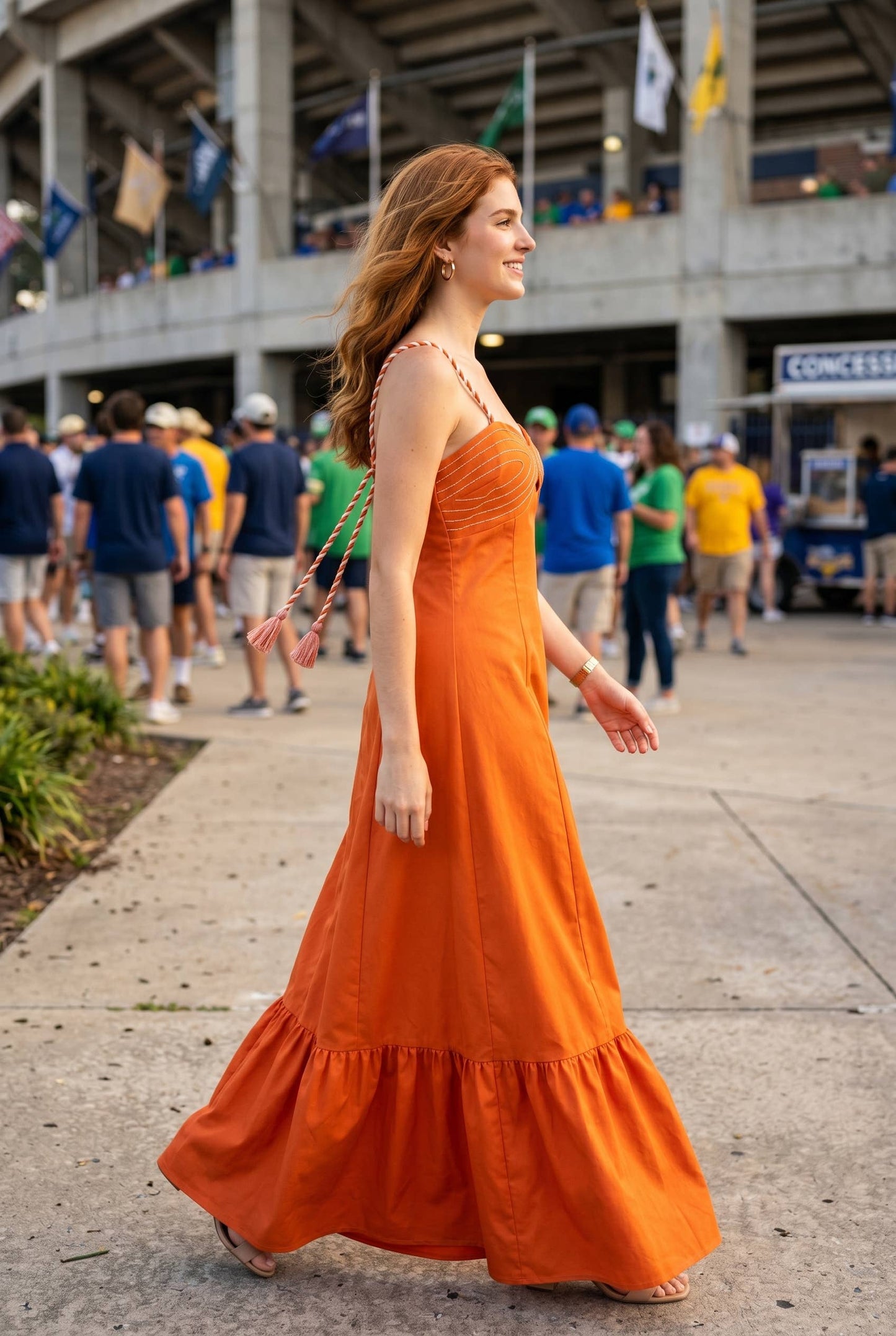 Corset inspired maxi dress with braided shoulder strap: ORANGE / L