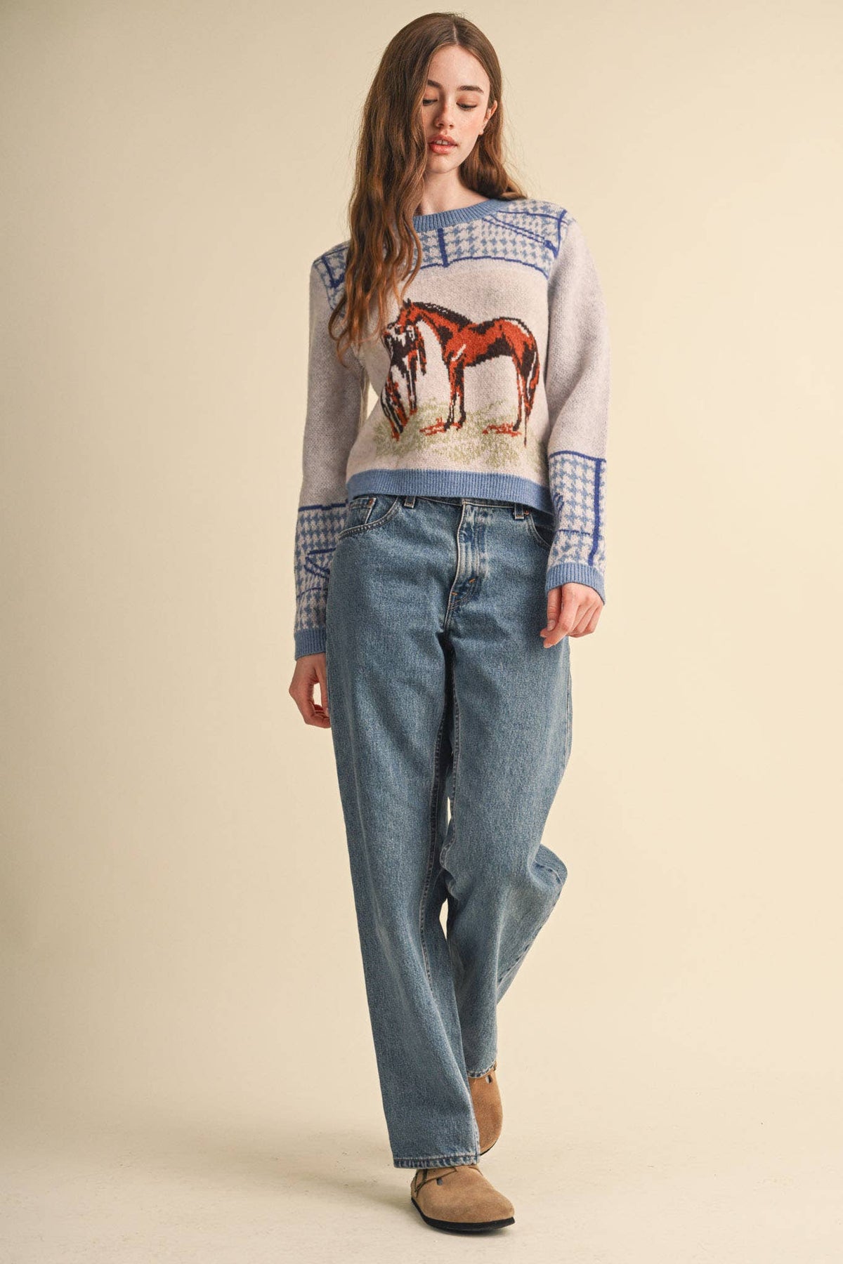 Dusty Blue Horse Motif Houndstooth Knit Sweater
