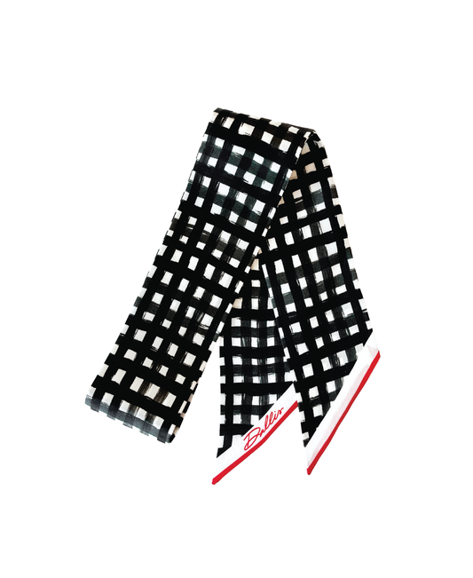 Black, white and red silk twilly scarf featuring an original watercolor check pattern and pointed ends.