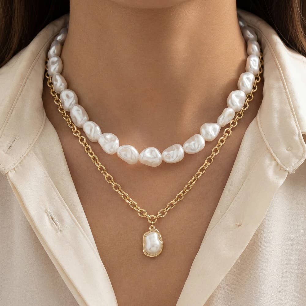 Collier Pendentif Perle Superposé Chaîne Perles Polies