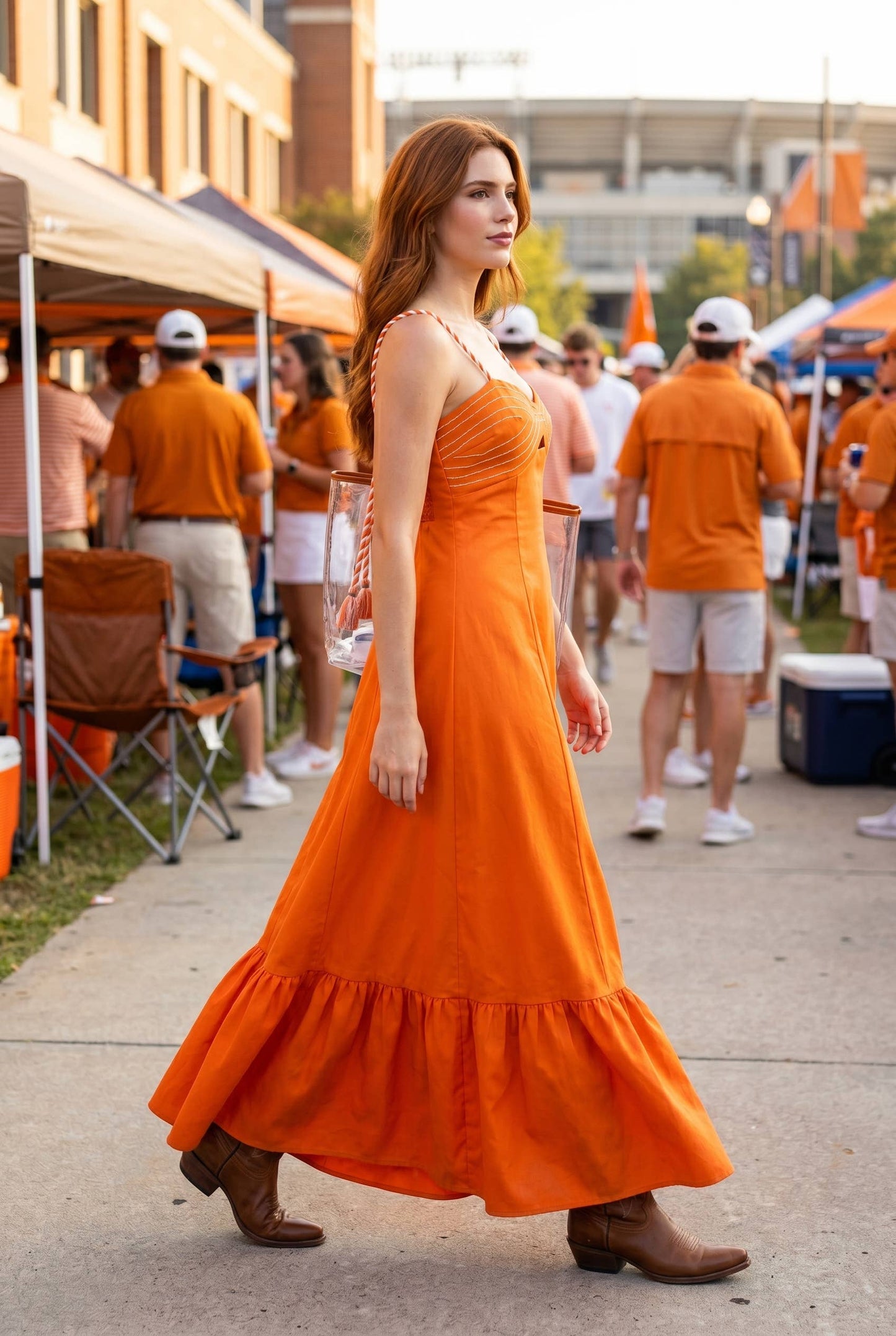 Corset inspired maxi dress with braided shoulder strap: ORANGE / L