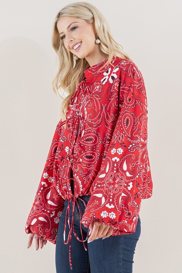 Red Paisley Tie-Front Cropped Jacket
