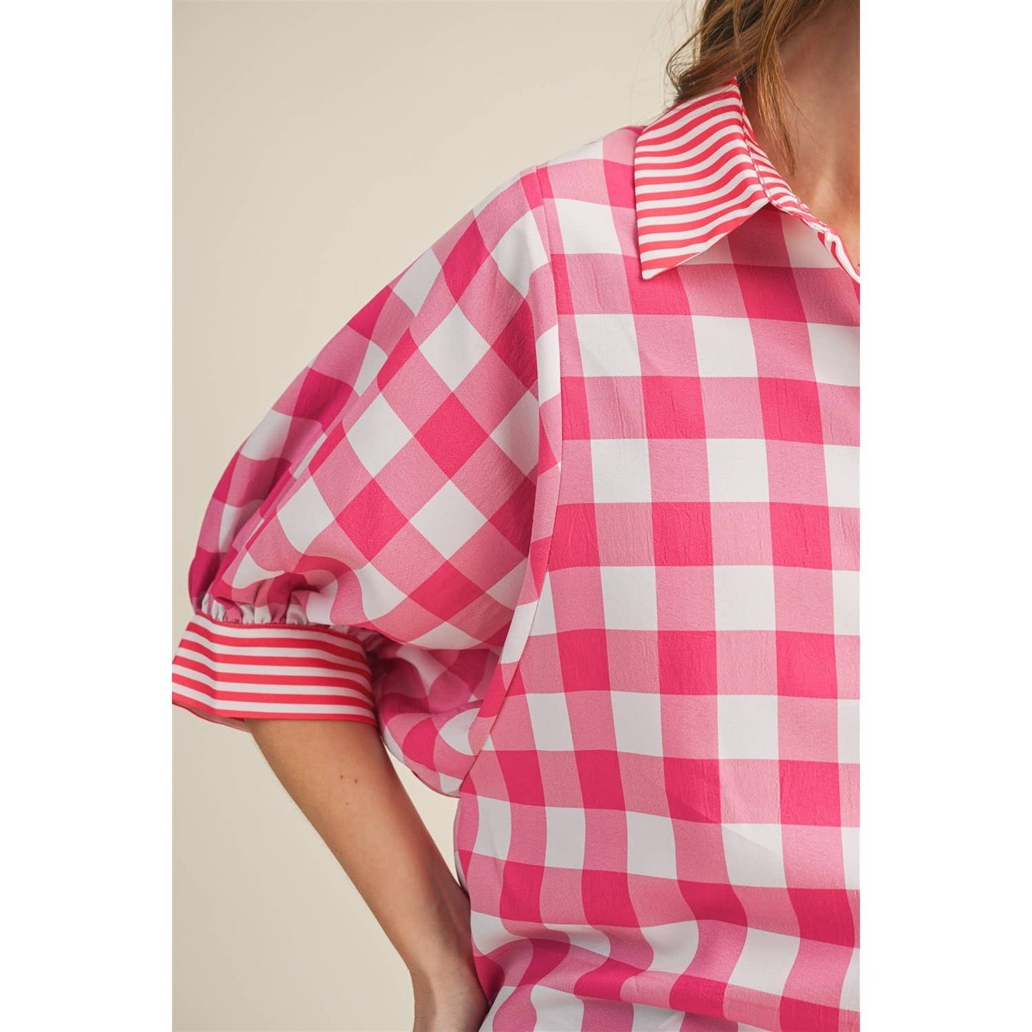 Romantic Gingham Check Pattern Elegant Blouse: RED / S-M-L-XL(2-2-2-1)