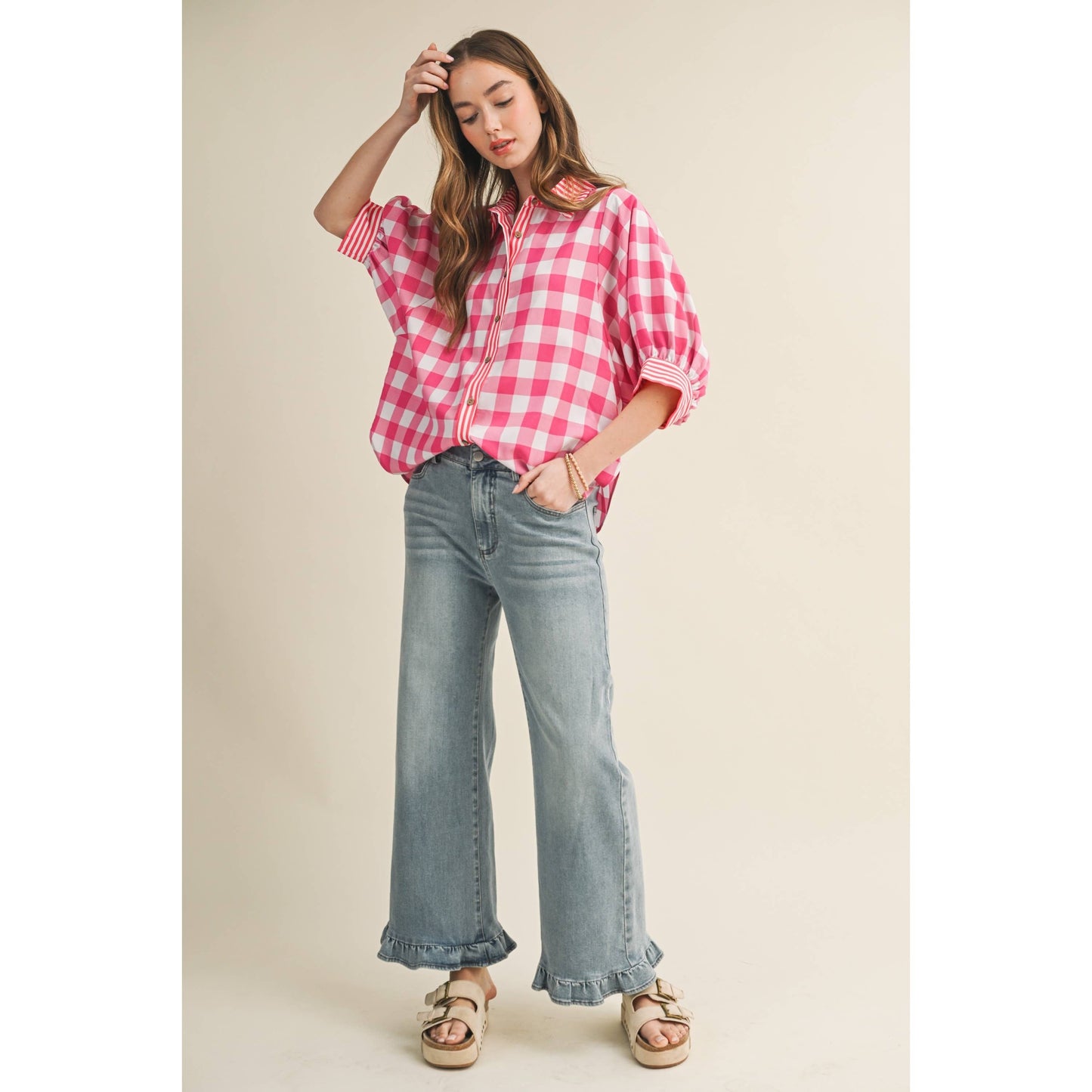 Romantic Gingham Check Pattern Elegant Blouse: RED / S-M-L-XL(2-2-2-1)