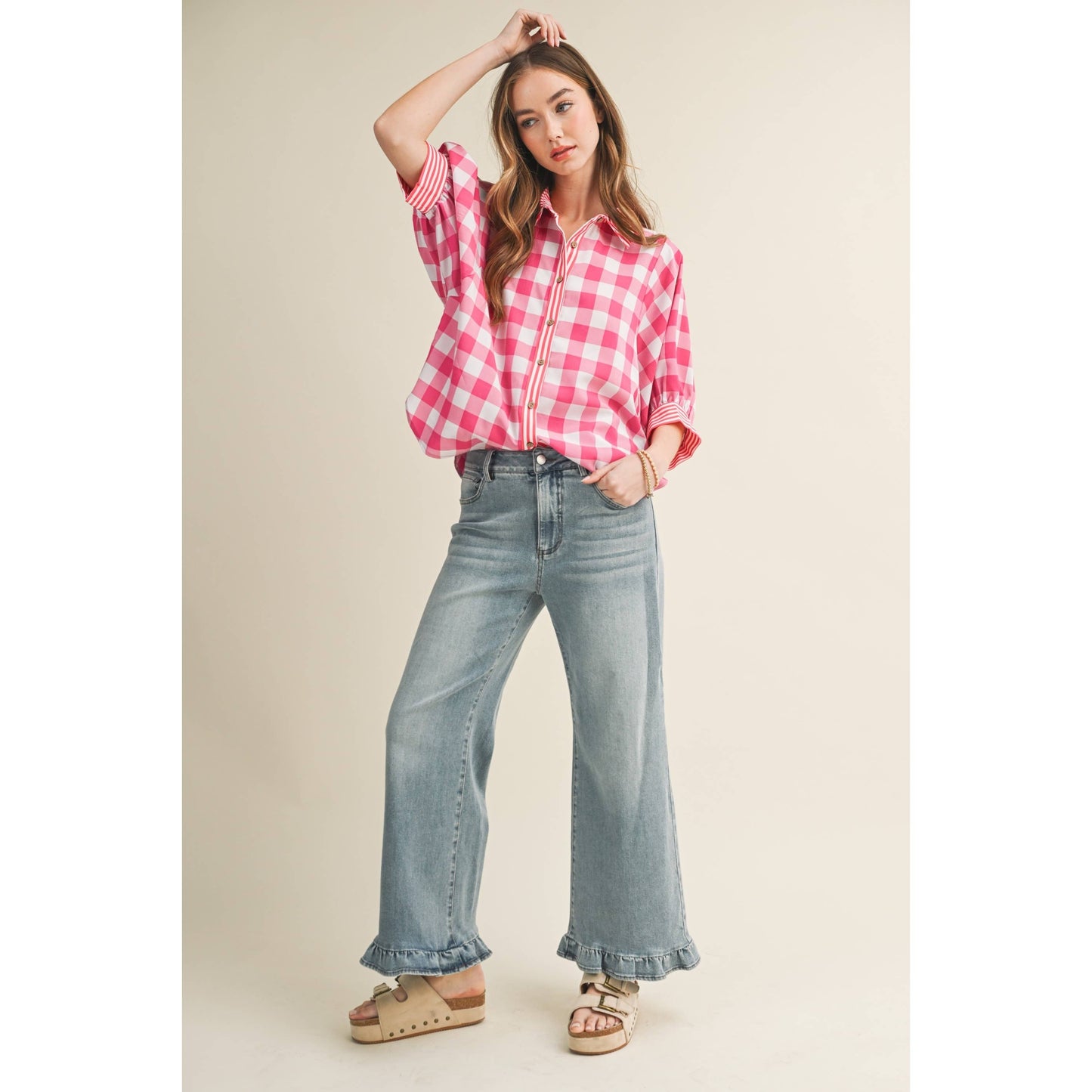 Romantic Gingham Check Pattern Elegant Blouse: RED / S-M-L-XL(2-2-2-1)