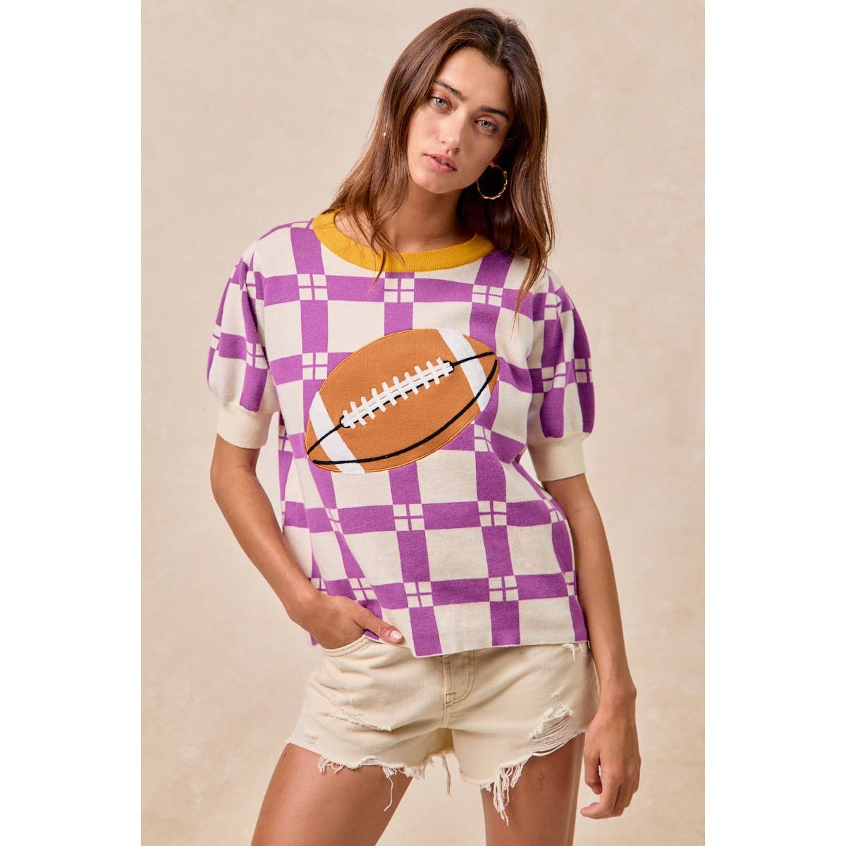 GAMEDAY THEME CHECKER PATTERN FOOTBALL PATCHED TOP: PURPLE/GOLD / L