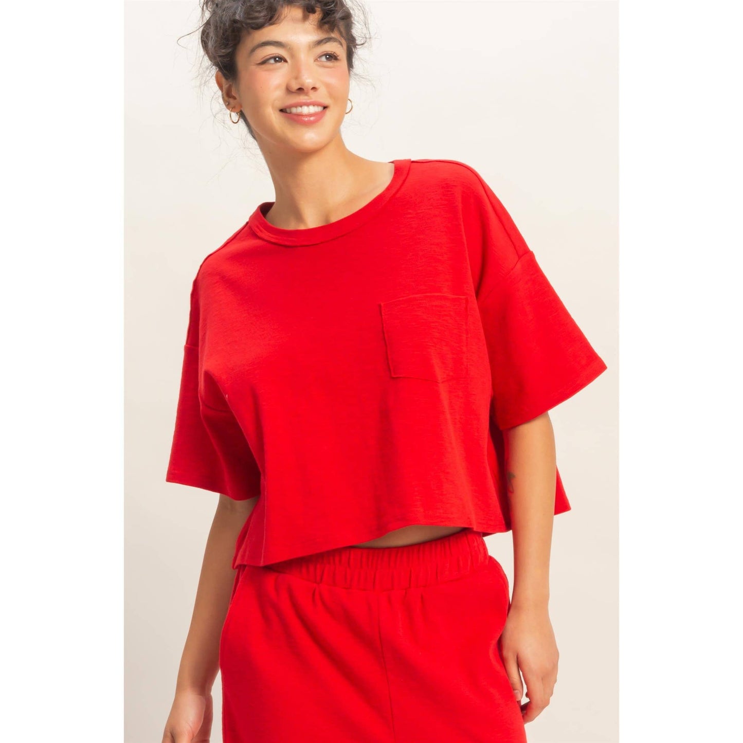 Red Relaxed Crop Tee | Boxy Pocket T-Shirt | Matching Set Top