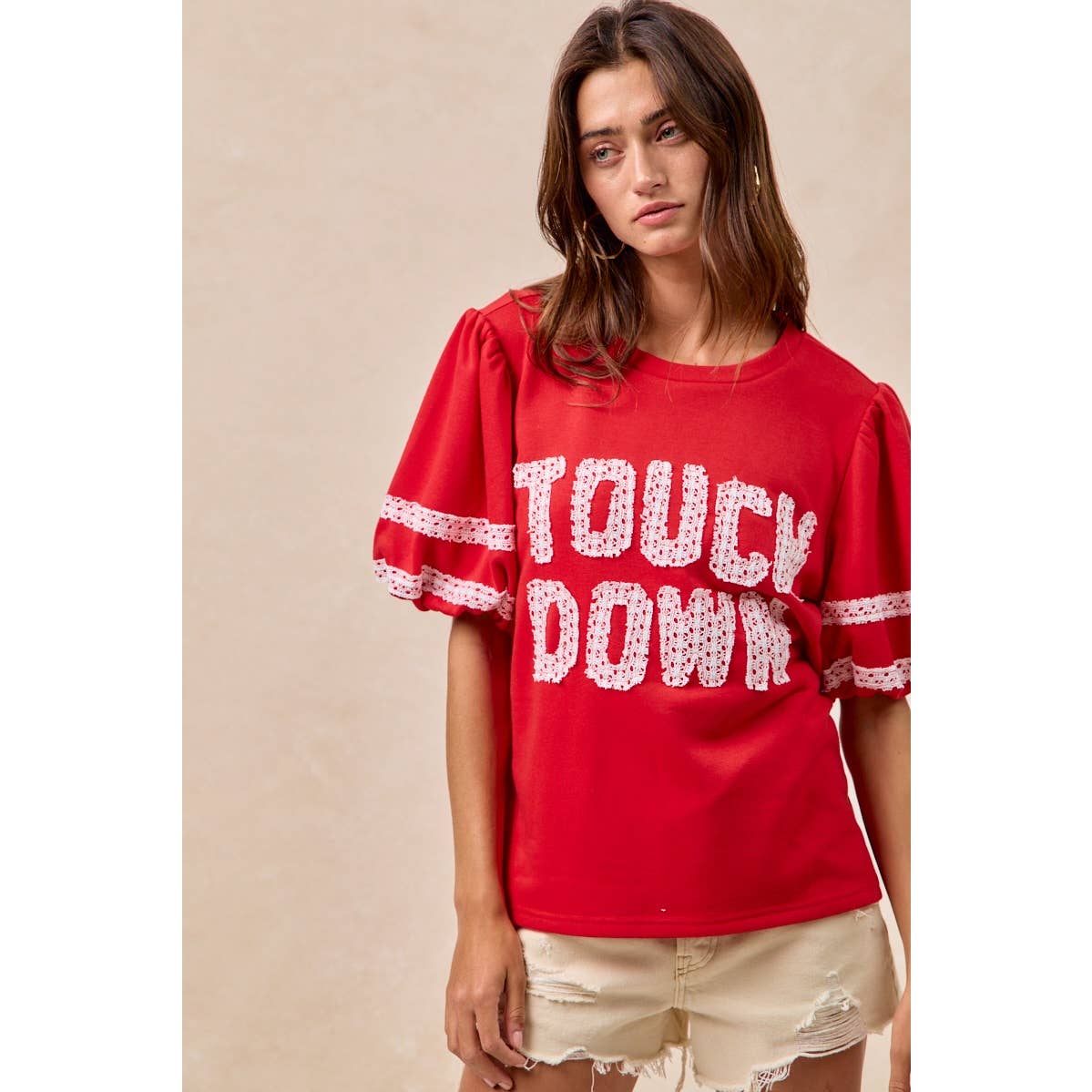 GAMEDAY THEME SLEEVE TOP WITH TOUCH DOWN PATCHWORK: GREEN / L