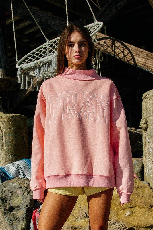 pray embroidered christian oversized sweatshirt pink cozy fleece pullover