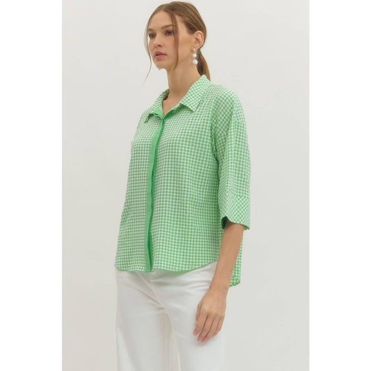 Gingham & Grace Kelly Green Relaxed 3/4 Sleeve Button-Down Top