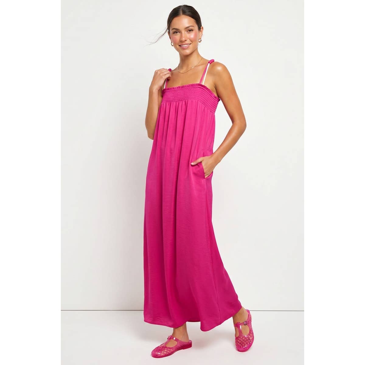 Cord Detail Smocking Maxi Dress: Peridot / L