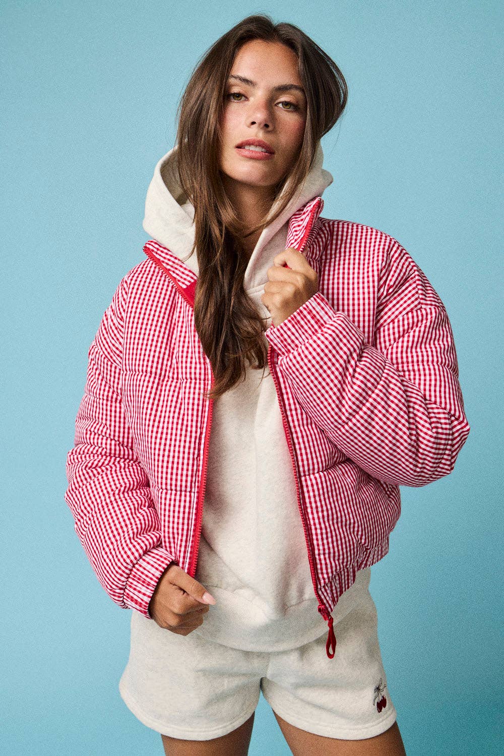 Check Me Out: Red & White Gingham Zip-Up Puffer Jacket