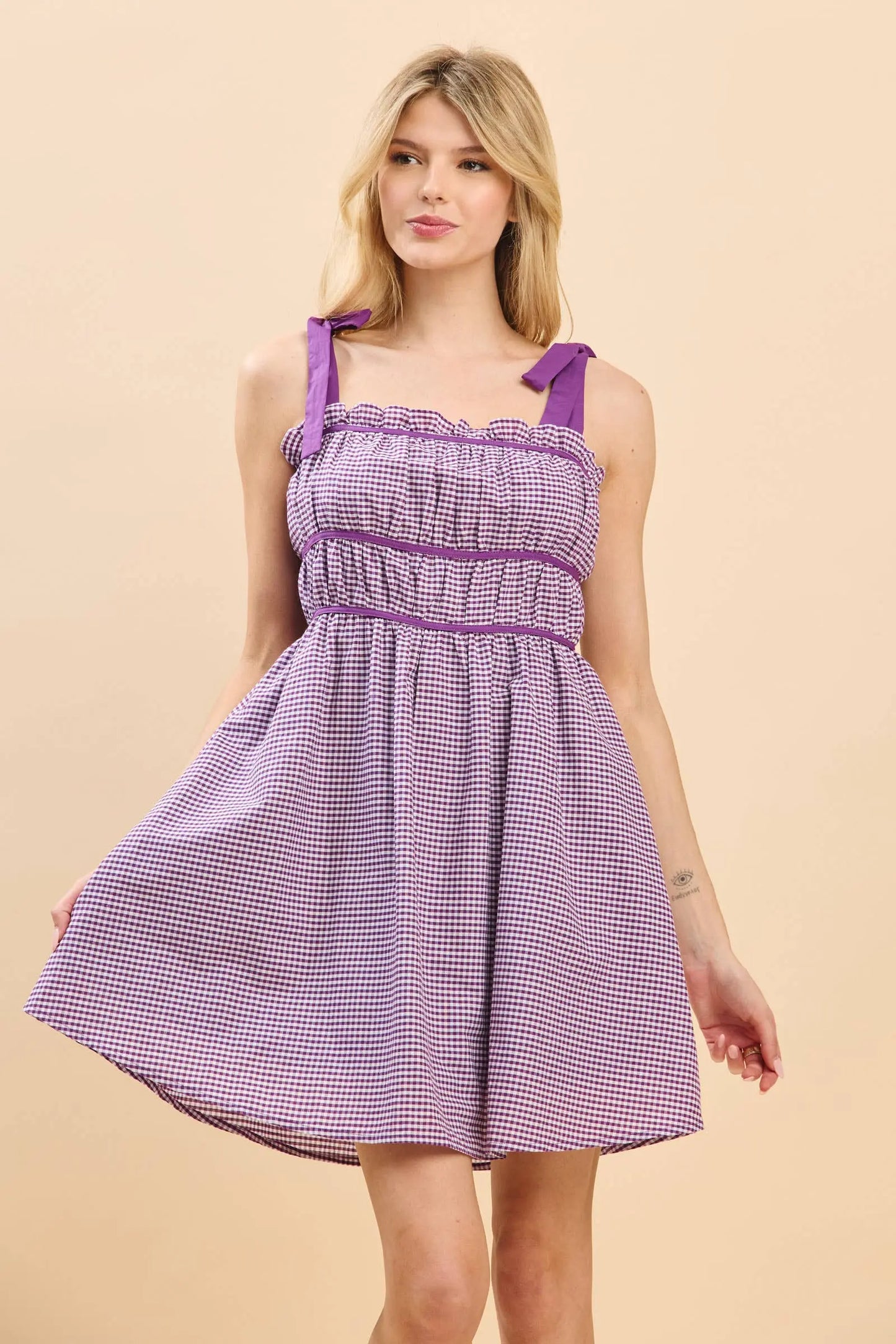 Gameday Cotton plaid print mini dress with binding details : PURPLE / S BABY PINK