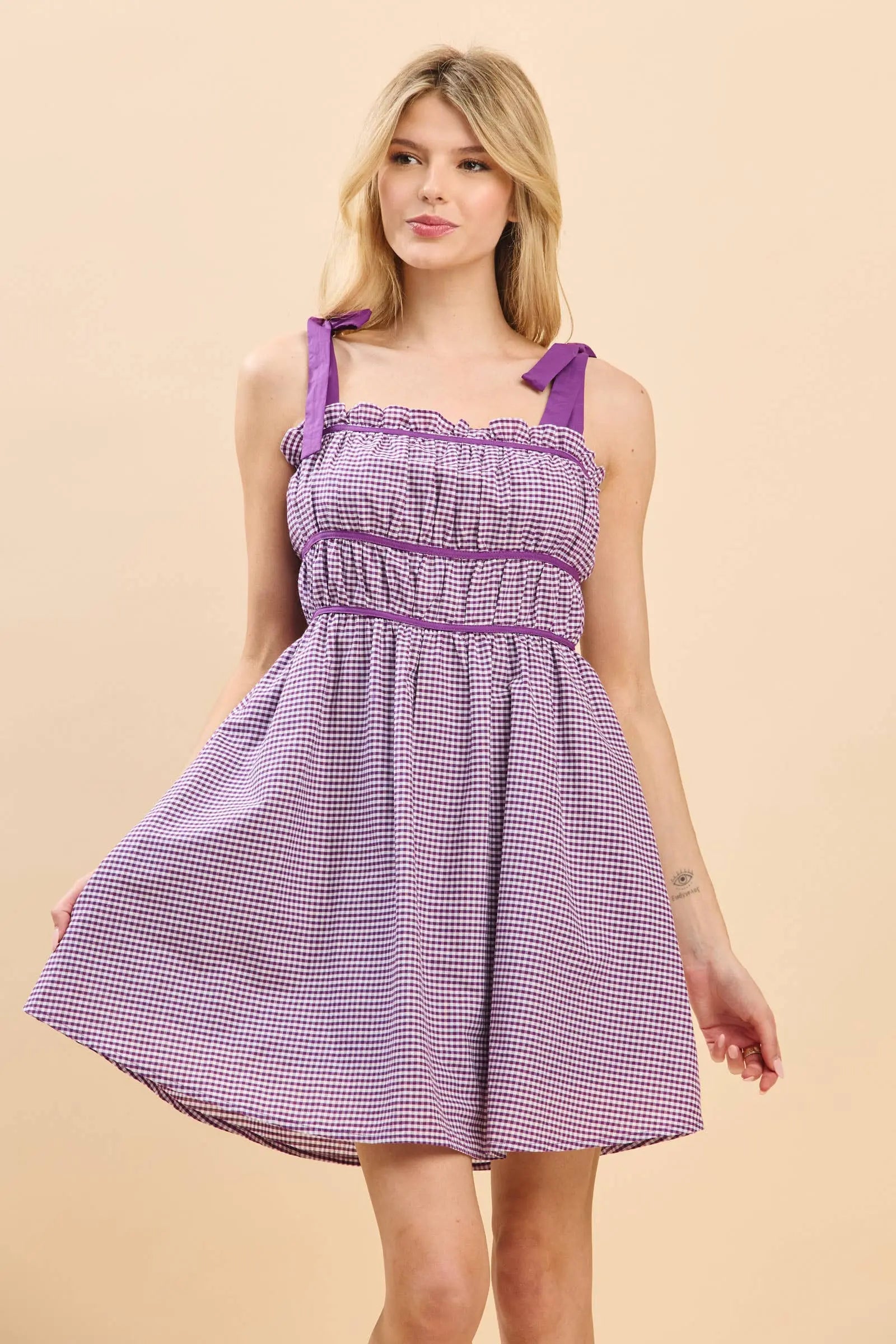 Gameday Cotton plaid print mini dress with binding details : PURPLE / S BABY PINK