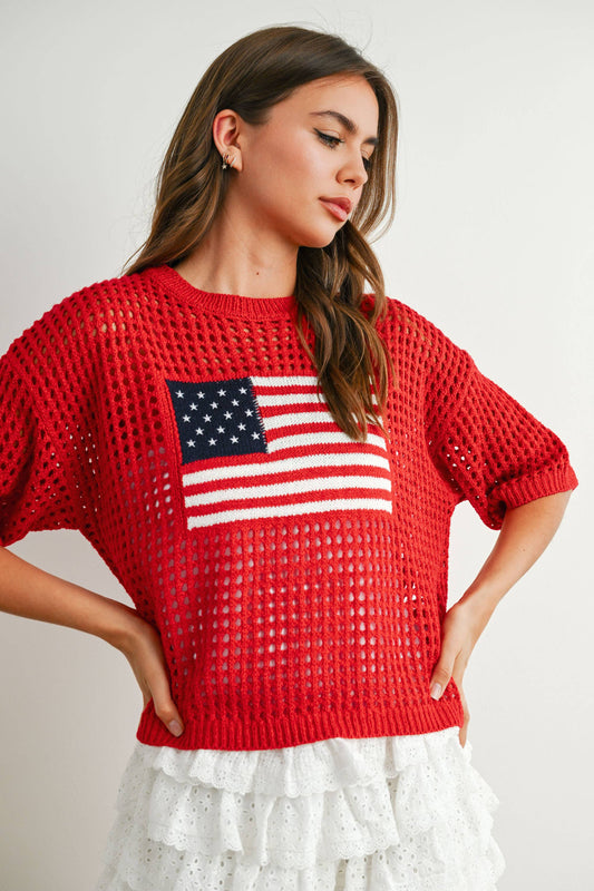 Red American Flag Open Knit Sweater Top | Lightweight Patriotic Crochet Pullover