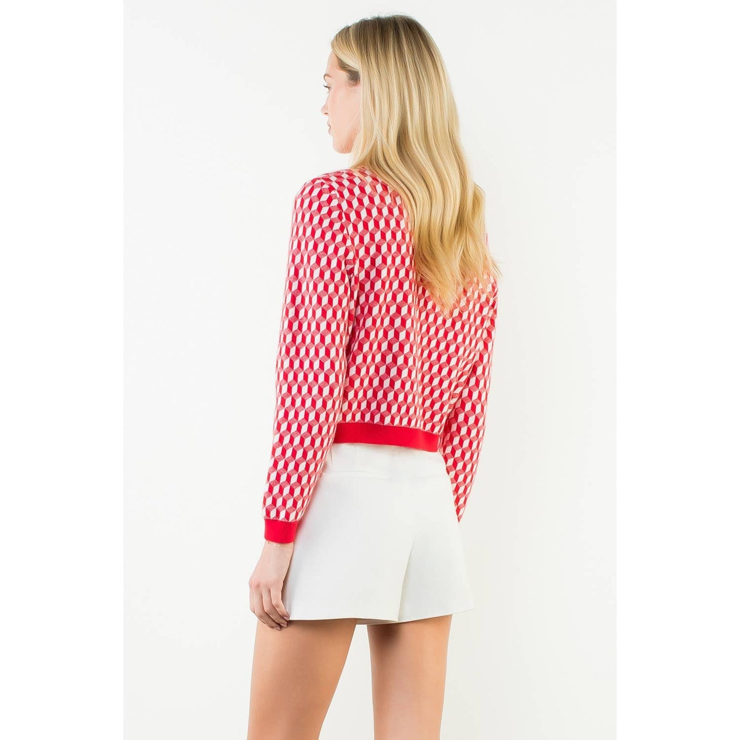 Lipstick Red Long Sleeve Geometric Print Cardigan