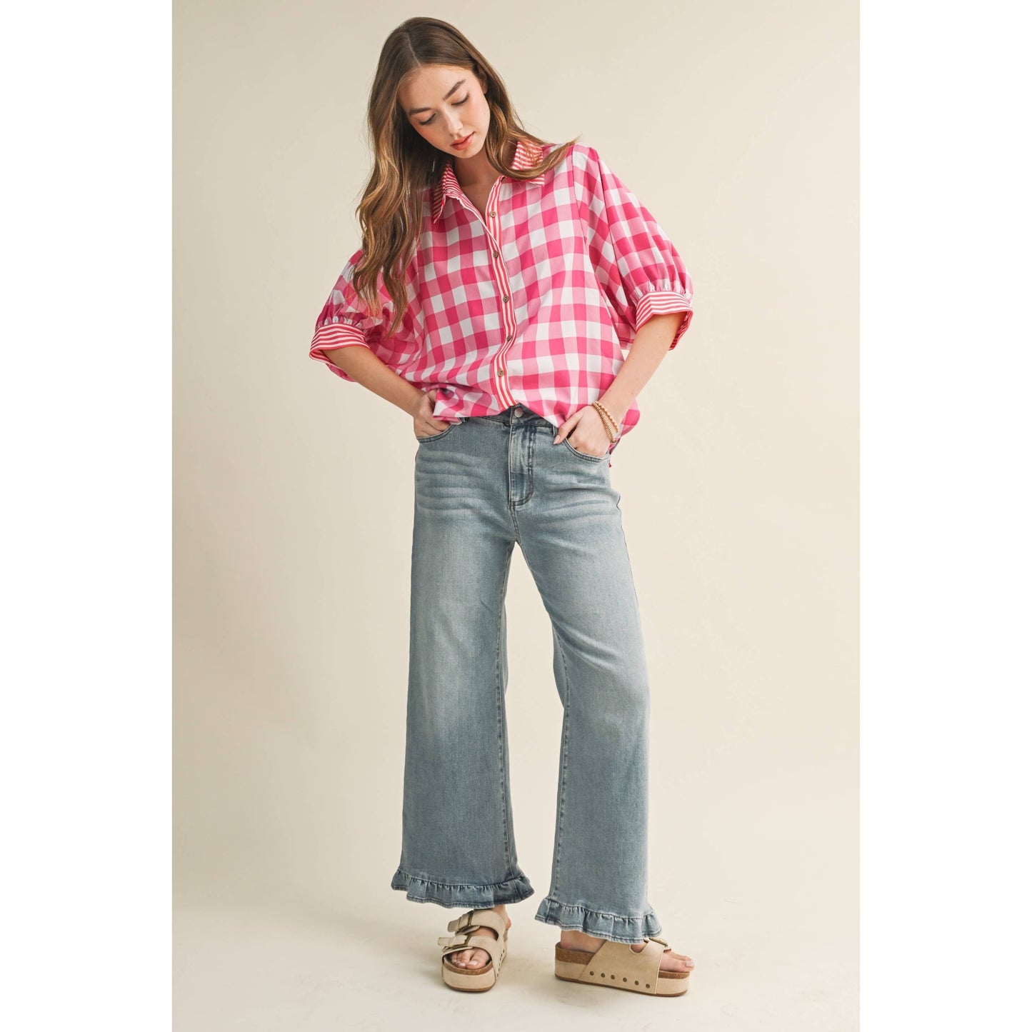Romantic Gingham Check Pattern Elegant Blouse: RED / S-M-L-XL(2-2-2-1)