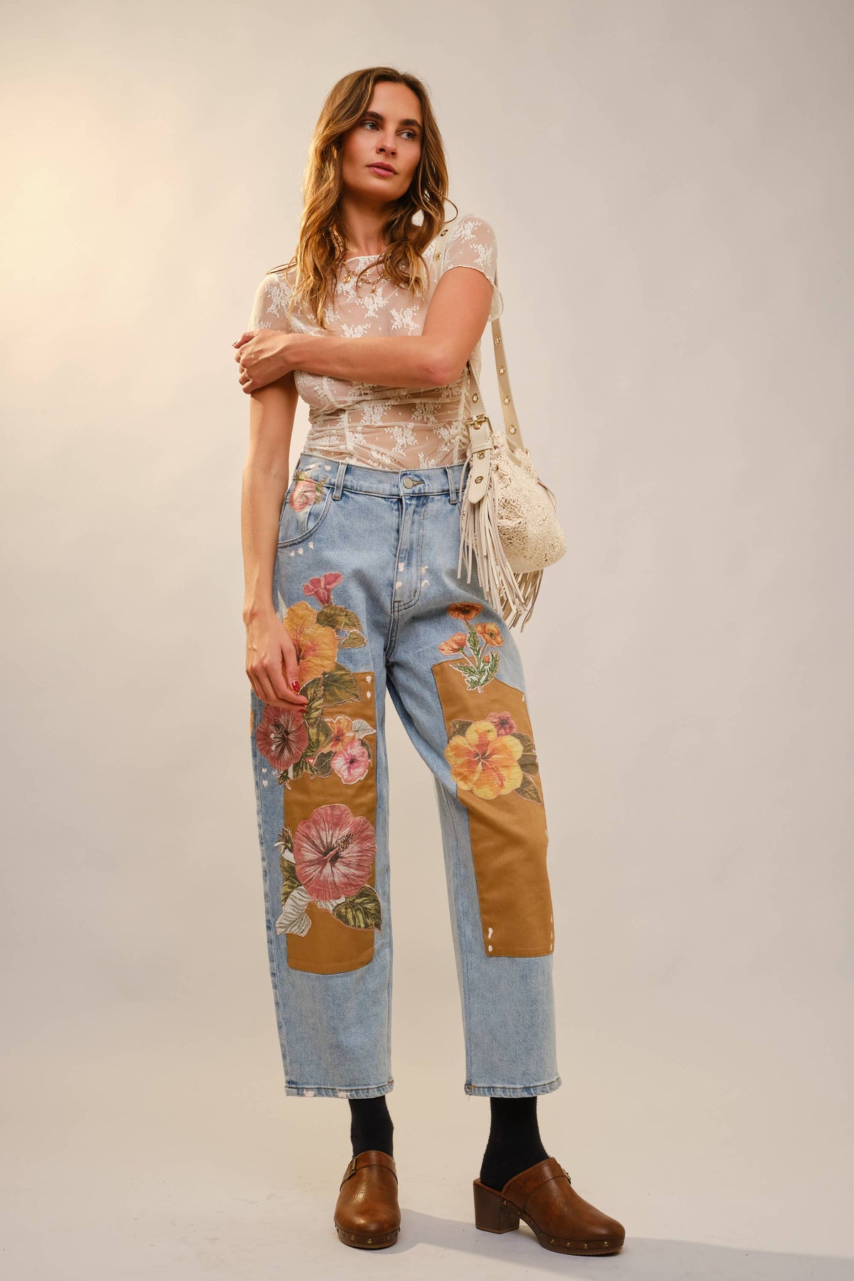 Autumn Floral Patchwork Barrel Leg Jeans – Light Wash