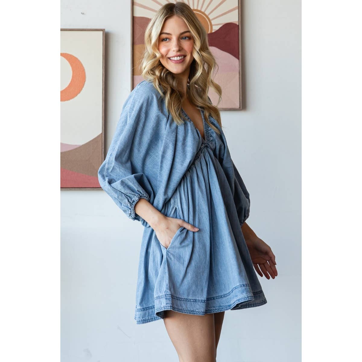 V-neck Puff Sleeve Denim Short Dress: Dark Denim / L
