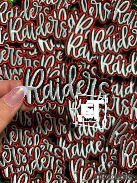Red and Black Cursive Raiders....Cap Patches Only: Red and Black Cursive Raiders 6j Threads LLC
