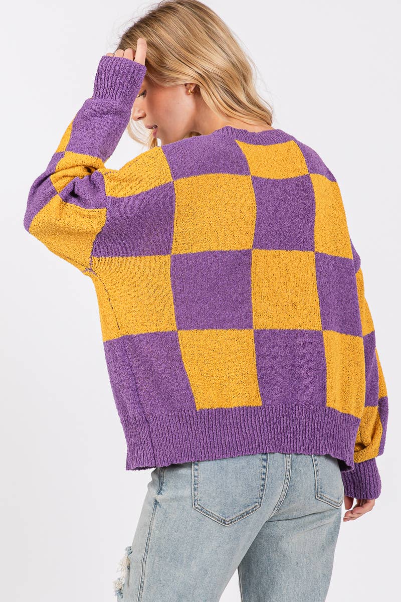 CHECKER SWEATER TOP : PURPLE/YELLOW / L