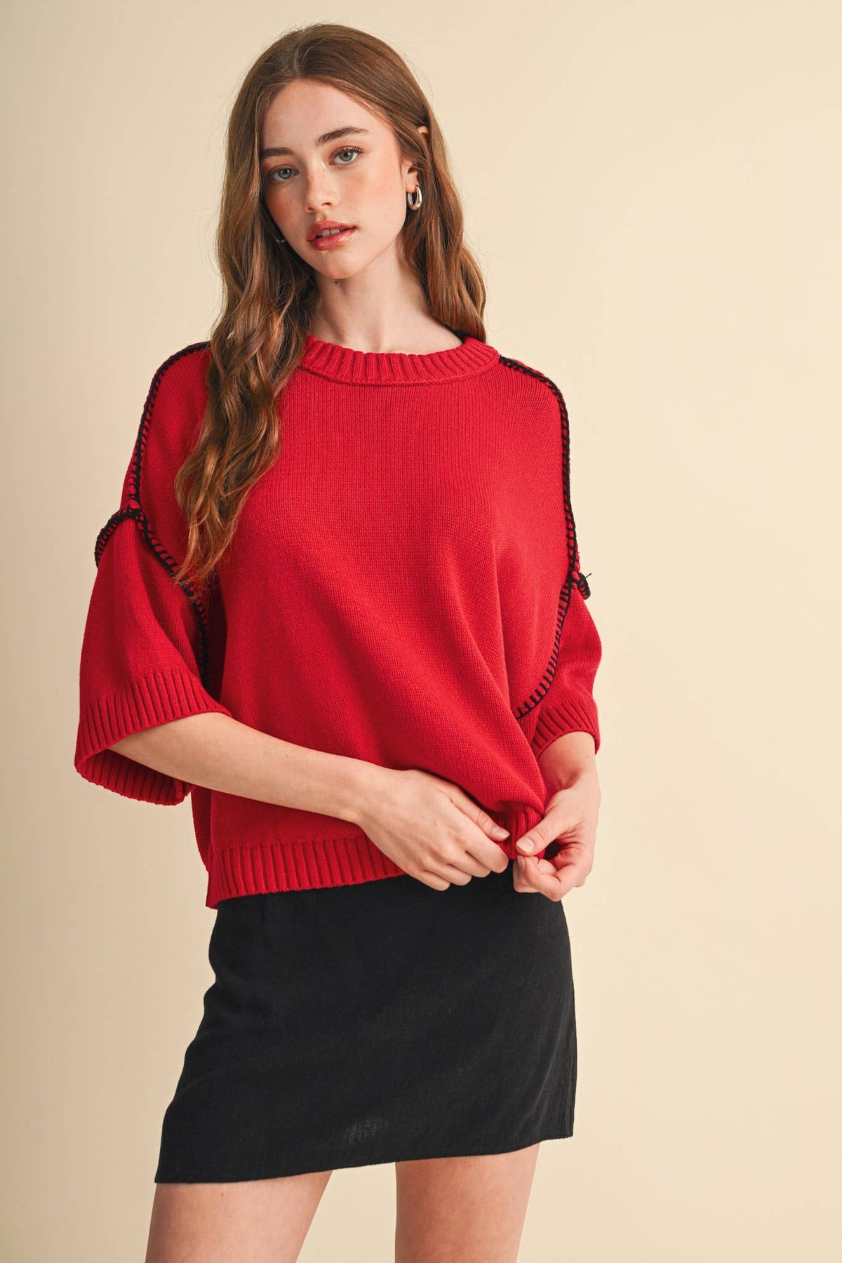 Red & Black Blanket Stitch Short Sleeve Sweater