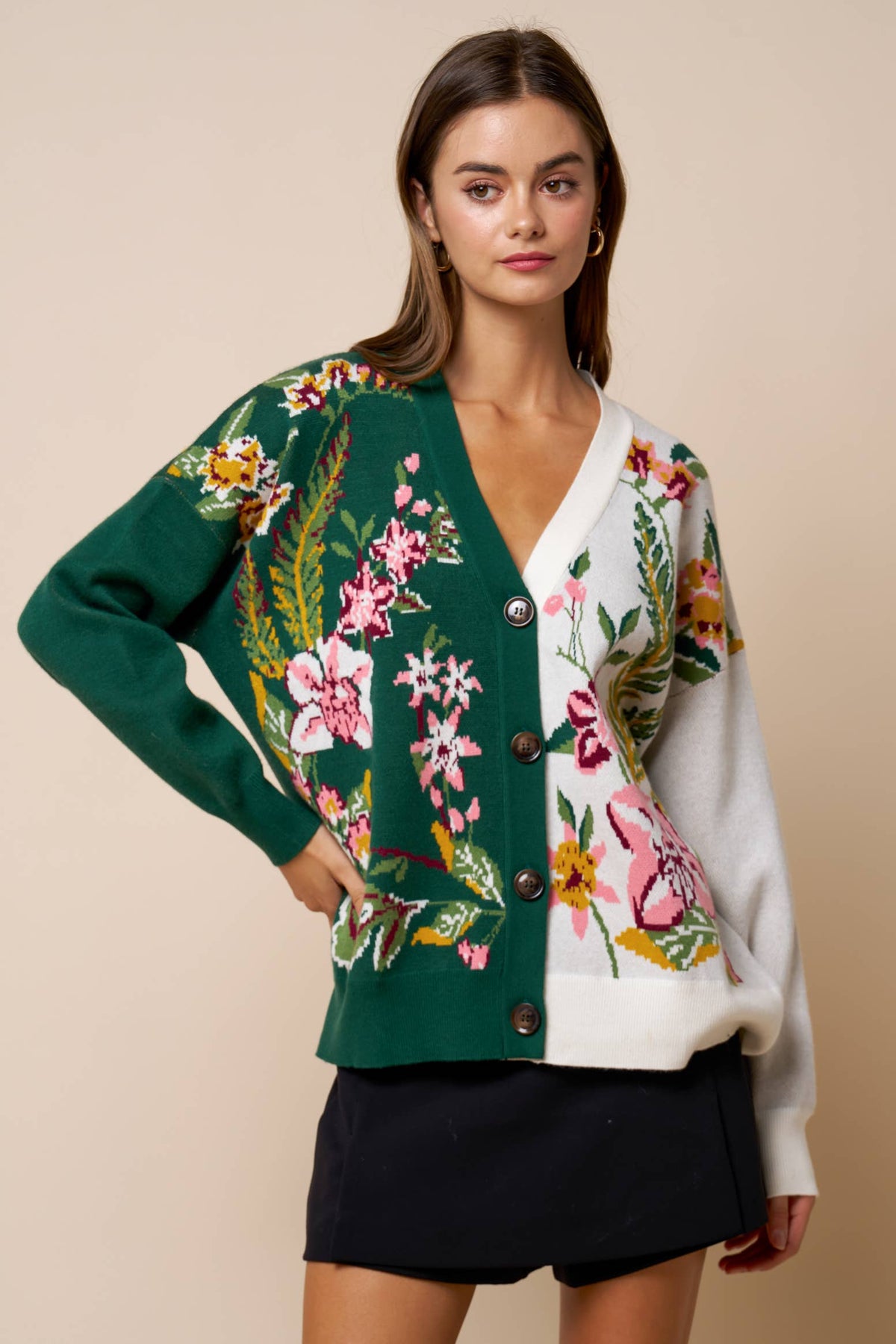 Willow Forest Green & White Floral Color Block Cardigan
