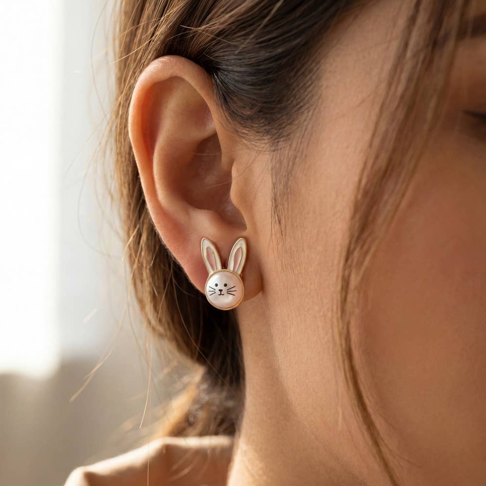 Petite Cottontail Trail Pearl And Enamel Bunny Head Stud Earrings