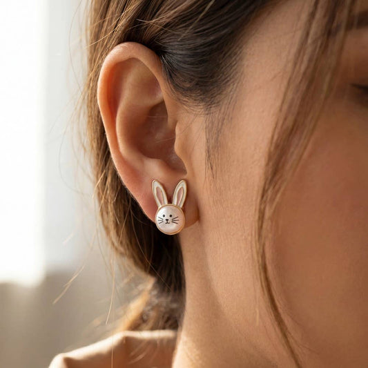 Petite Cottontail Trail Pearl And Enamel Bunny Head Stud Earrings