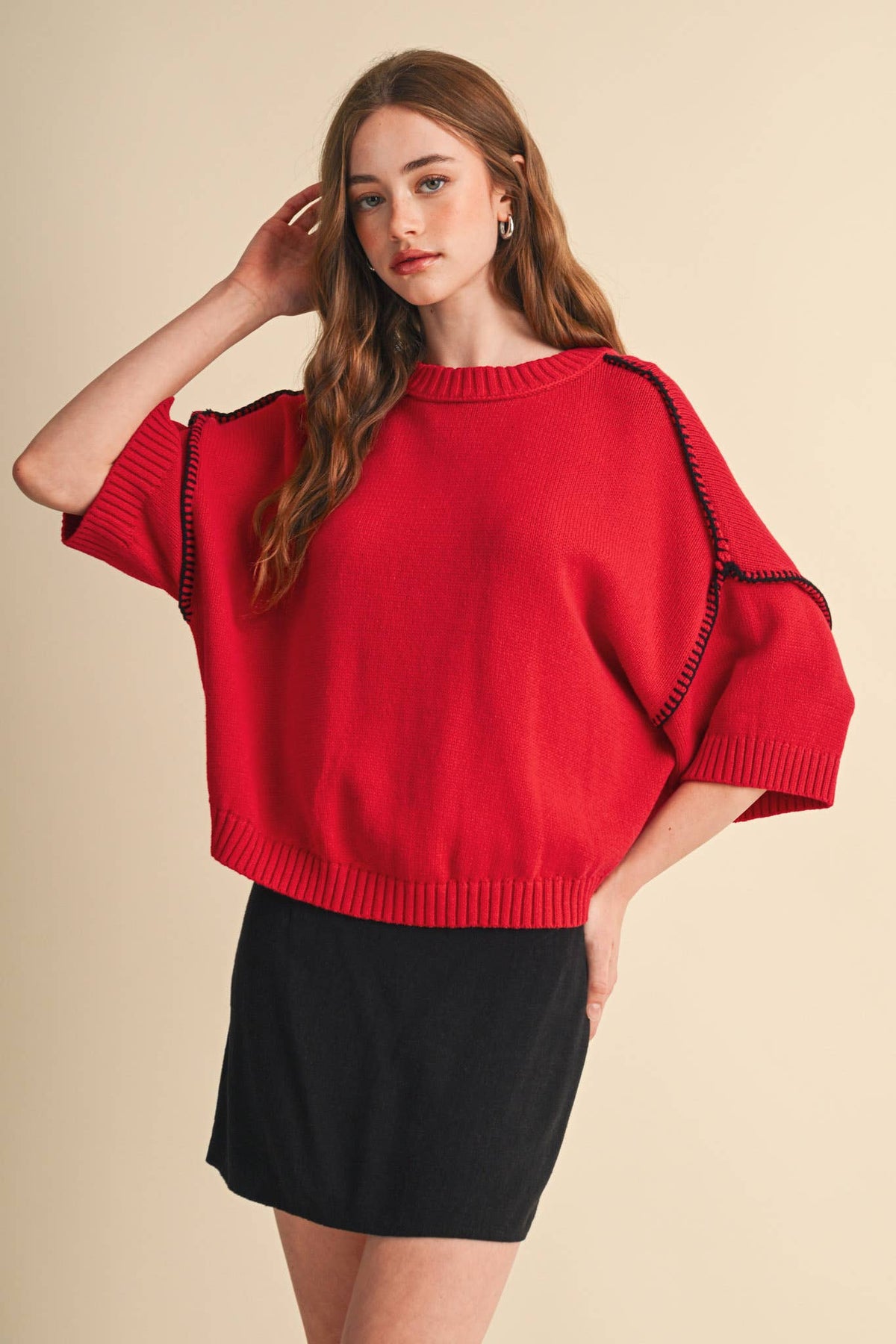 Red & Black Blanket Stitch Short Sleeve Sweater