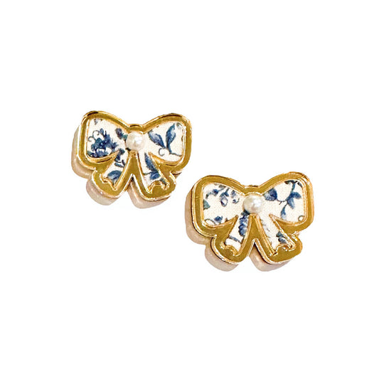 Front Porch Set: Blue Floral Bow Stud Earrings