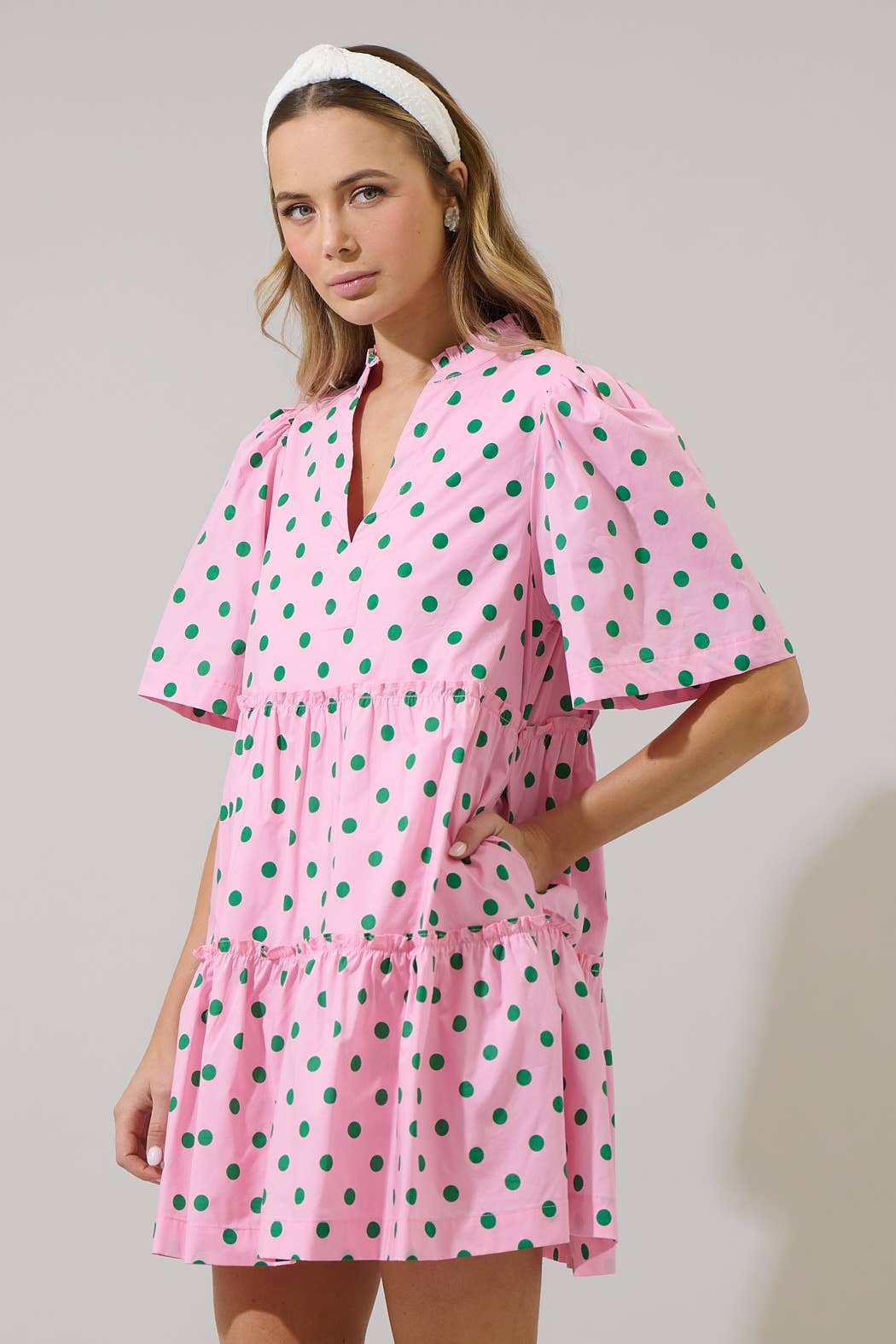 The Clubhouse Cutie Green Dot Dixie Split Neck Shift Dress