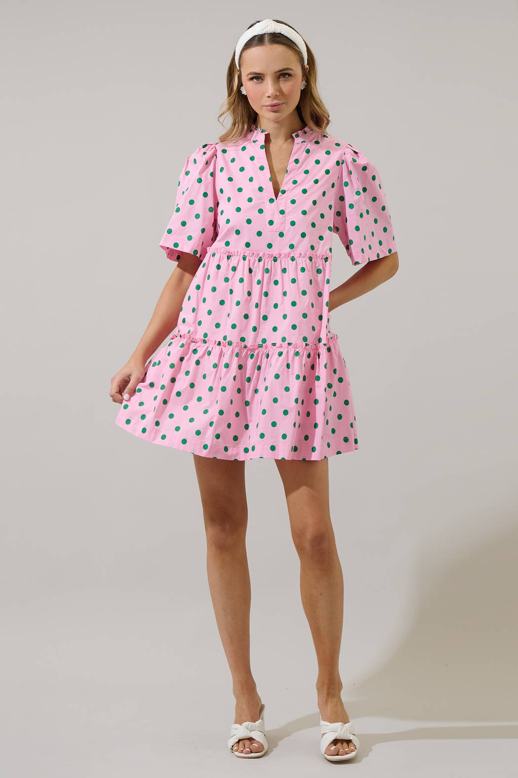 The Clubhouse Cutie Green Dot Dixie Split Neck Shift Dress