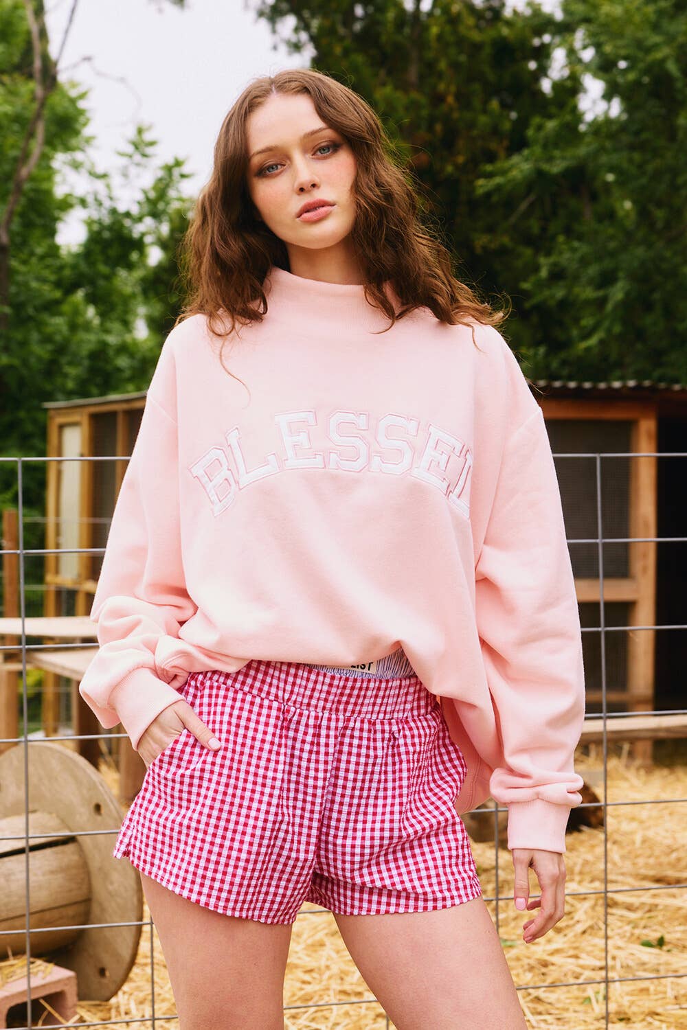 BLESSED Baby Pink Embroidered Mockneck Sweatshirt - American Graham Apparel