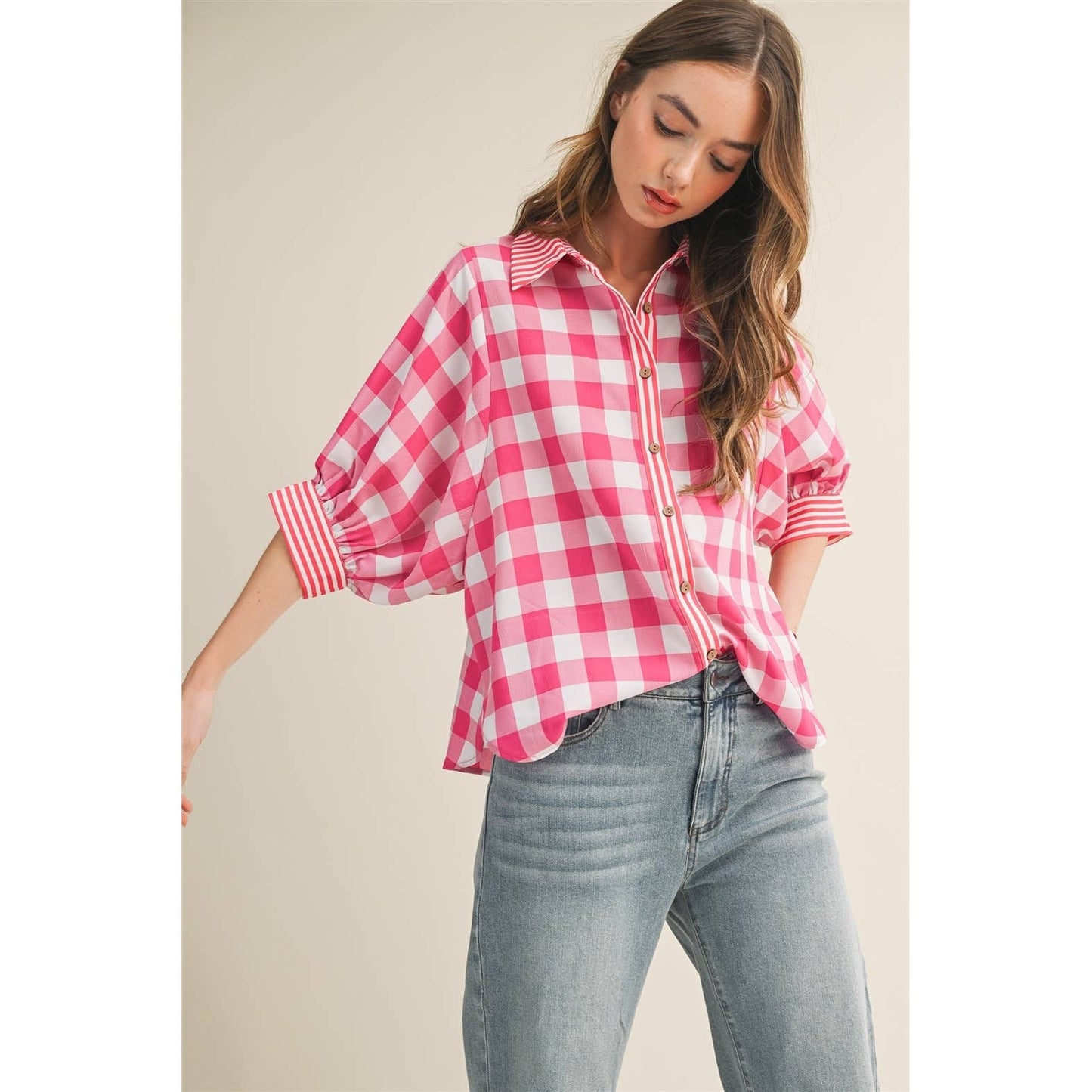 Romantic Gingham Check Pattern Elegant Blouse: RED / S-M-L-XL(2-2-2-1)