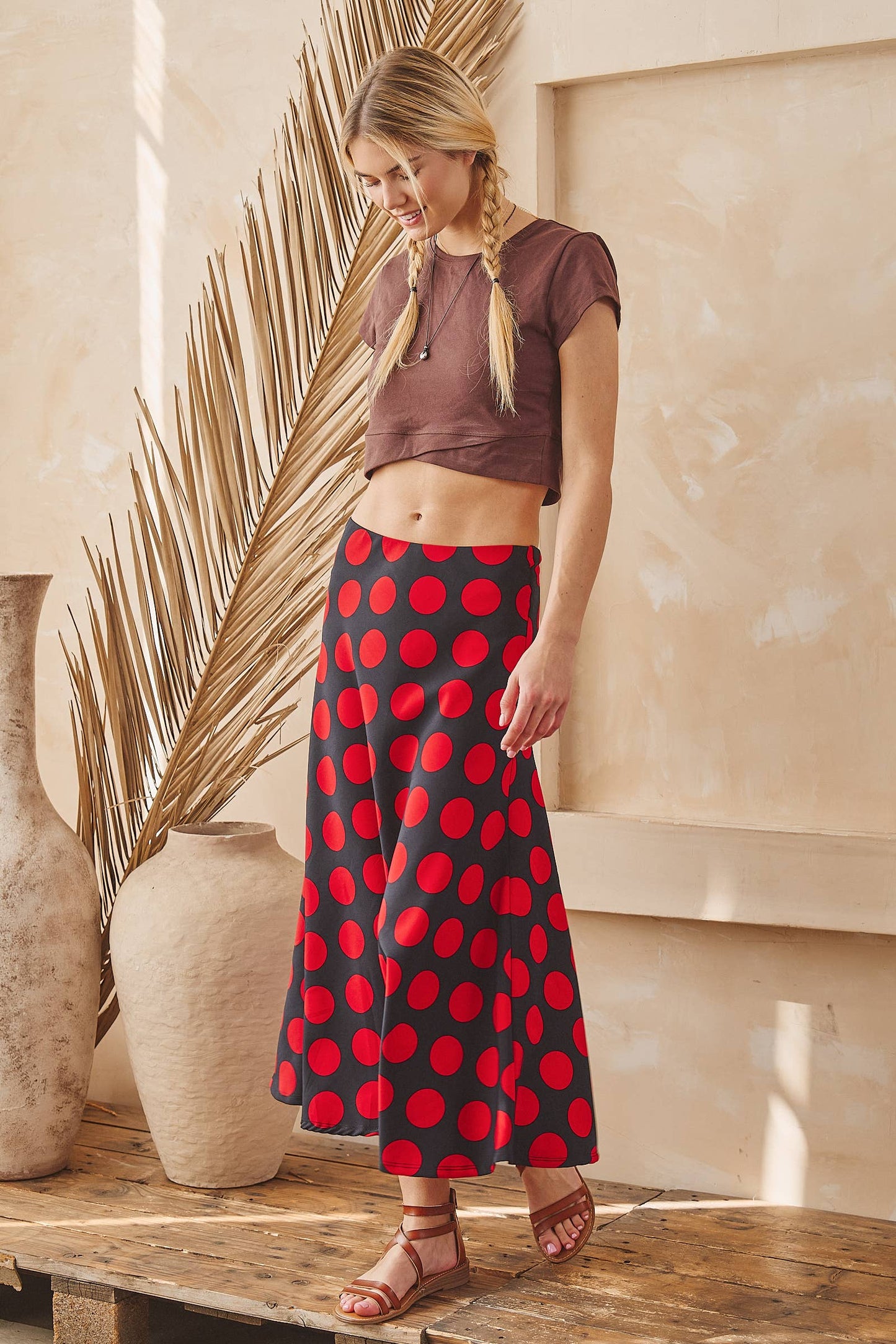 Red & Black Polka Dot Midi Skirt – Classic Statement Skirt
