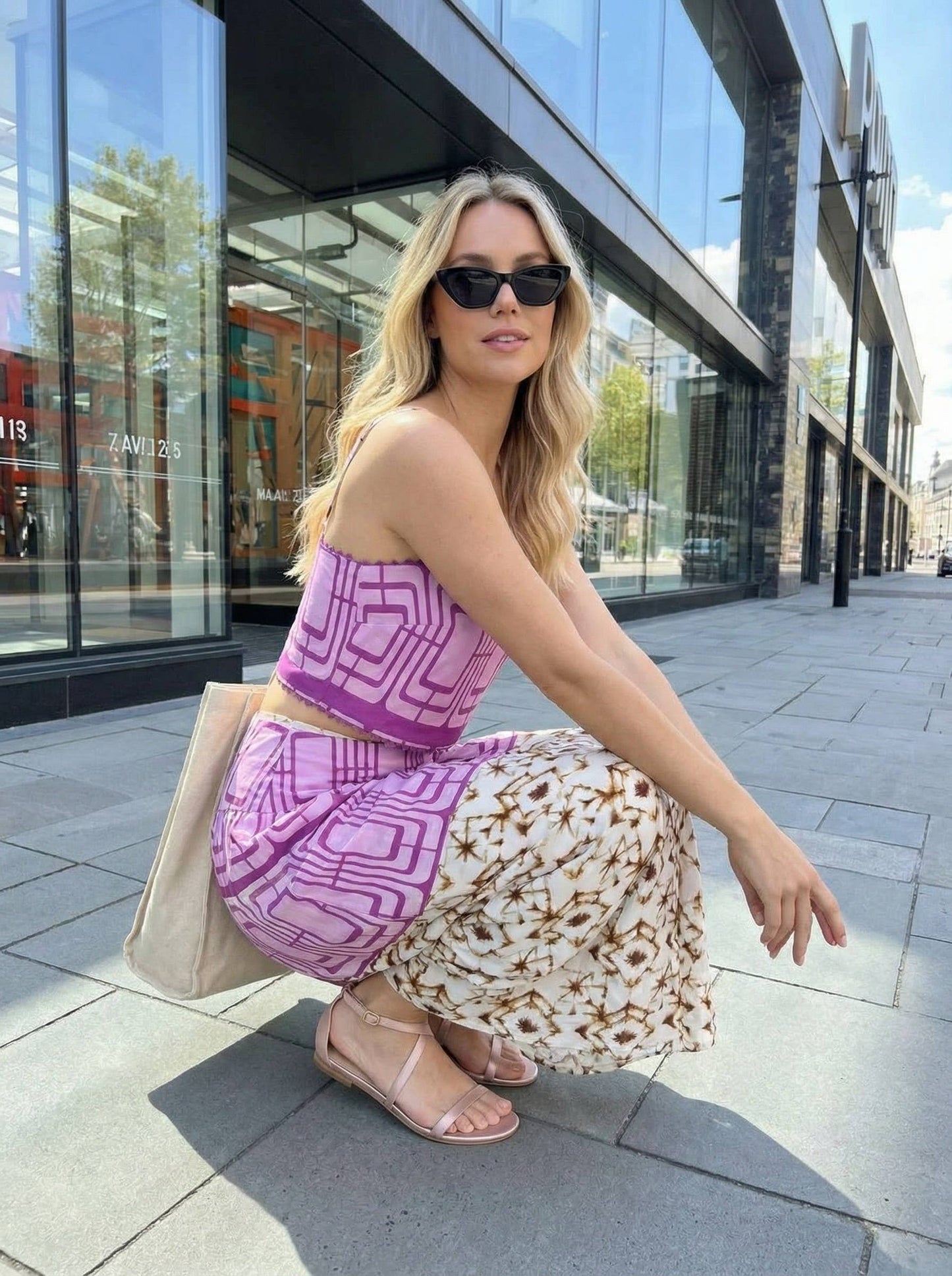 Geometric printed crop top and midi skirt set: RED COMBO / L