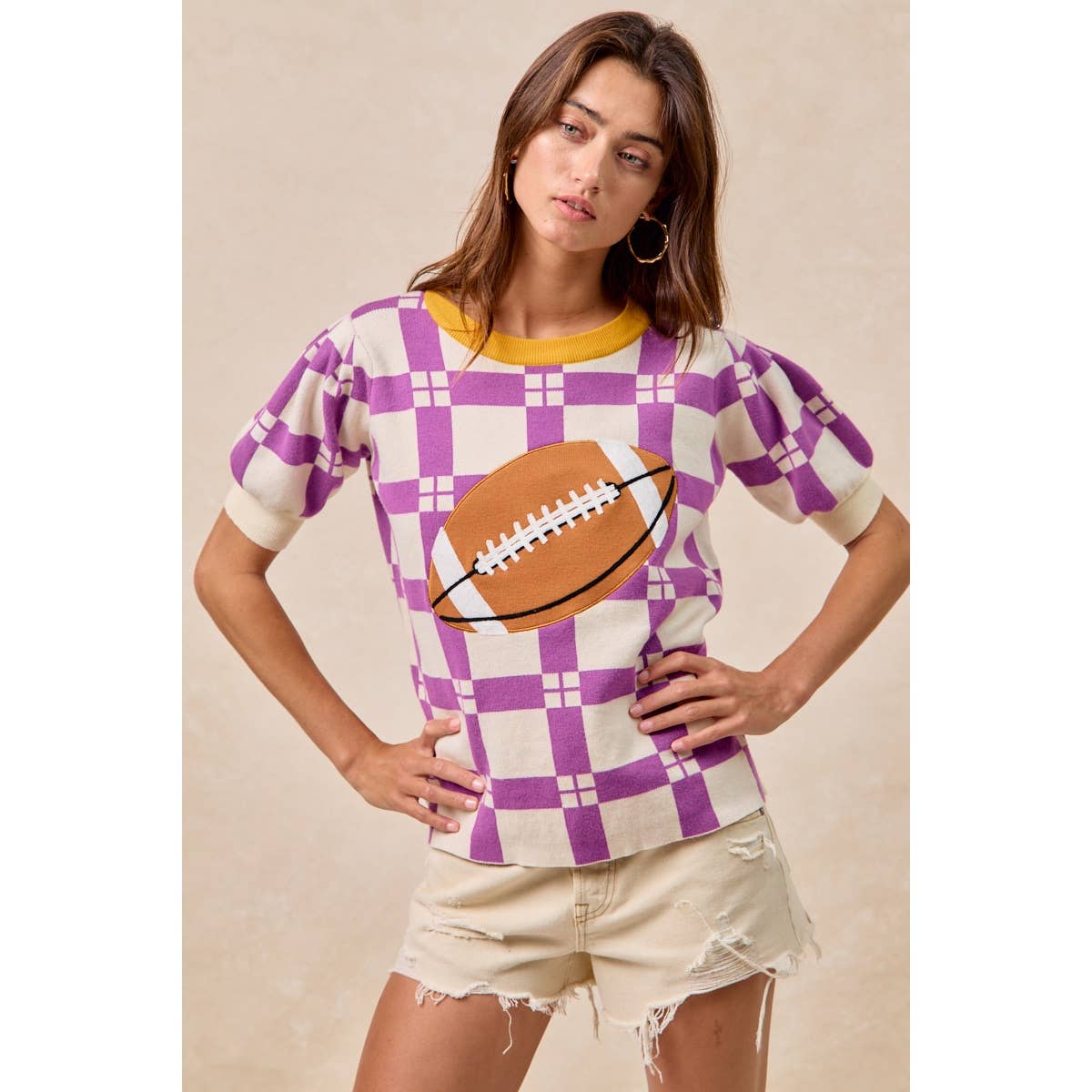 GAMEDAY THEME CHECKER PATTERN FOOTBALL PATCHED TOP: PURPLE/GOLD / L