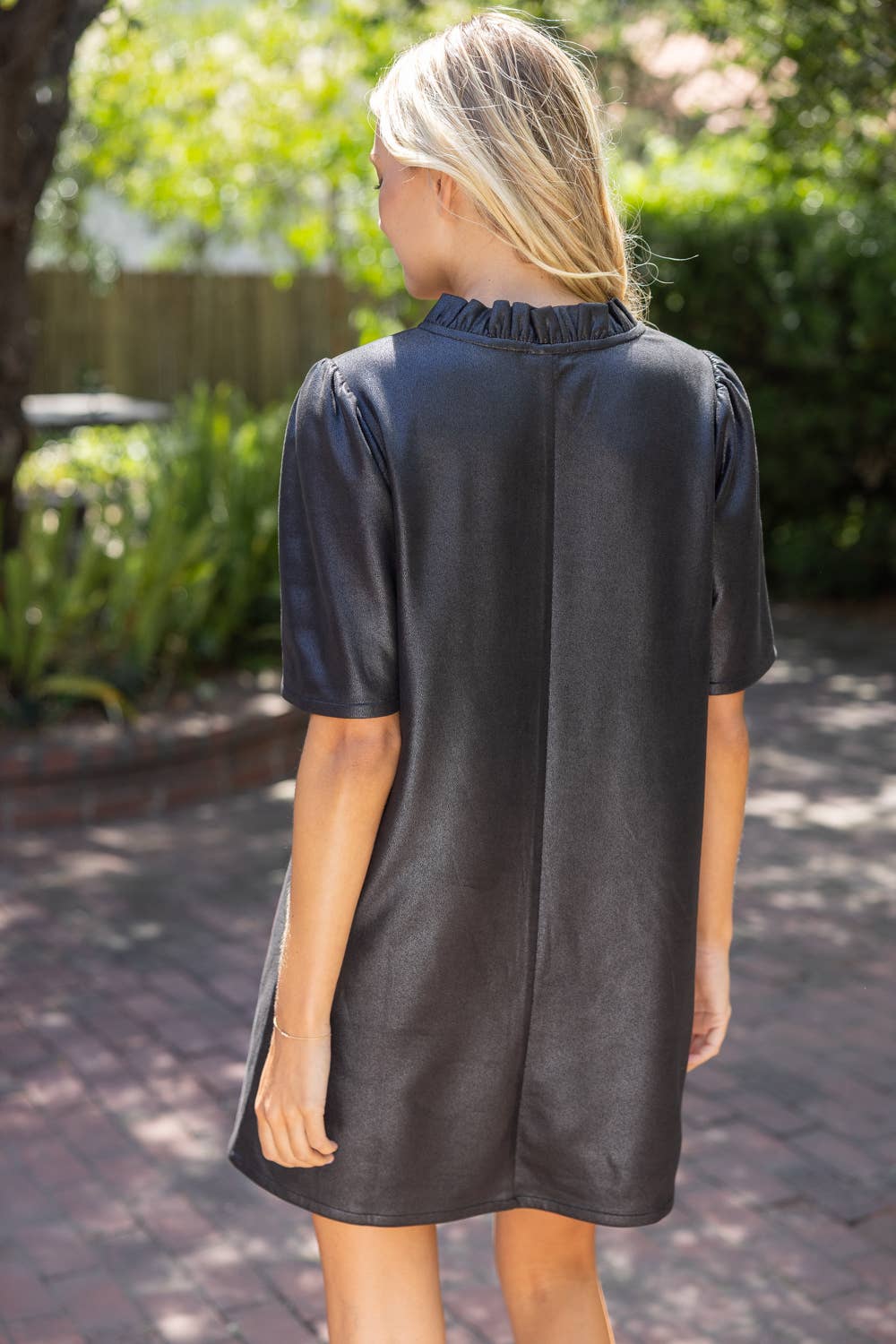 Black Faux Leather Ruffle V-Neck Shift Mini Dress