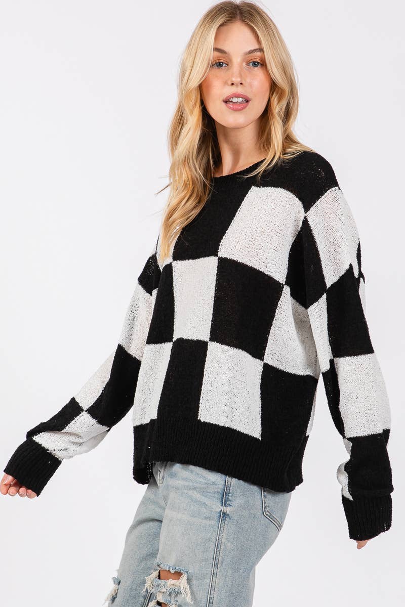 CHECKER SWEATER TOP : PURPLE/YELLOW / L