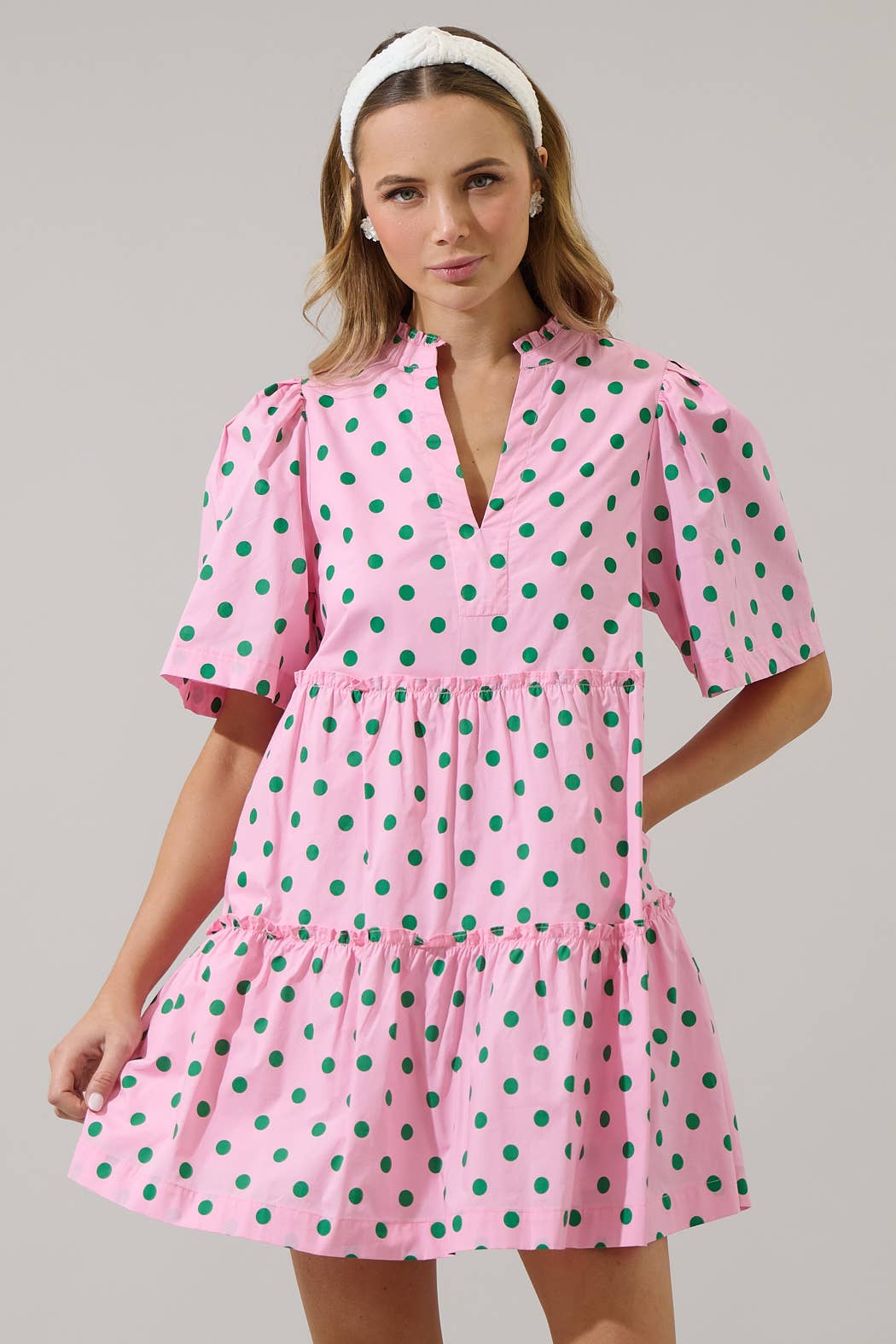 The Clubhouse Cutie Green Dot Dixie Split Neck Shift Dress