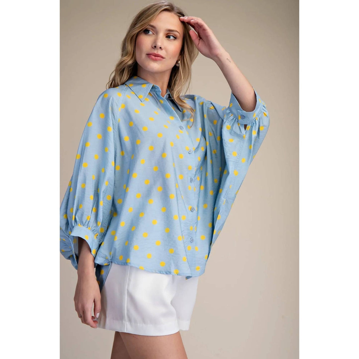 Freshly Picked Pale Blue Oversized Button-Down Polka Dot Blouse