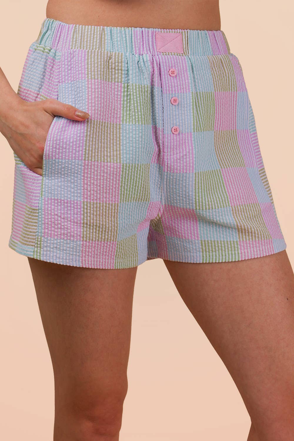Pink Pastel Plaid Boxer Shorts for Women | Crinkle Cotton Lounge Shorts with Pockets