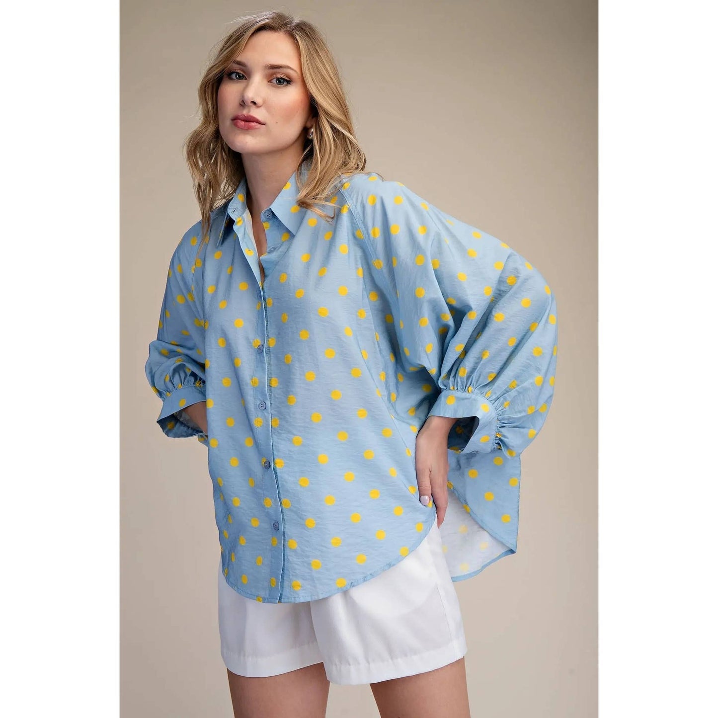 Freshly Picked Pale Blue Oversized Button-Down Polka Dot Blouse