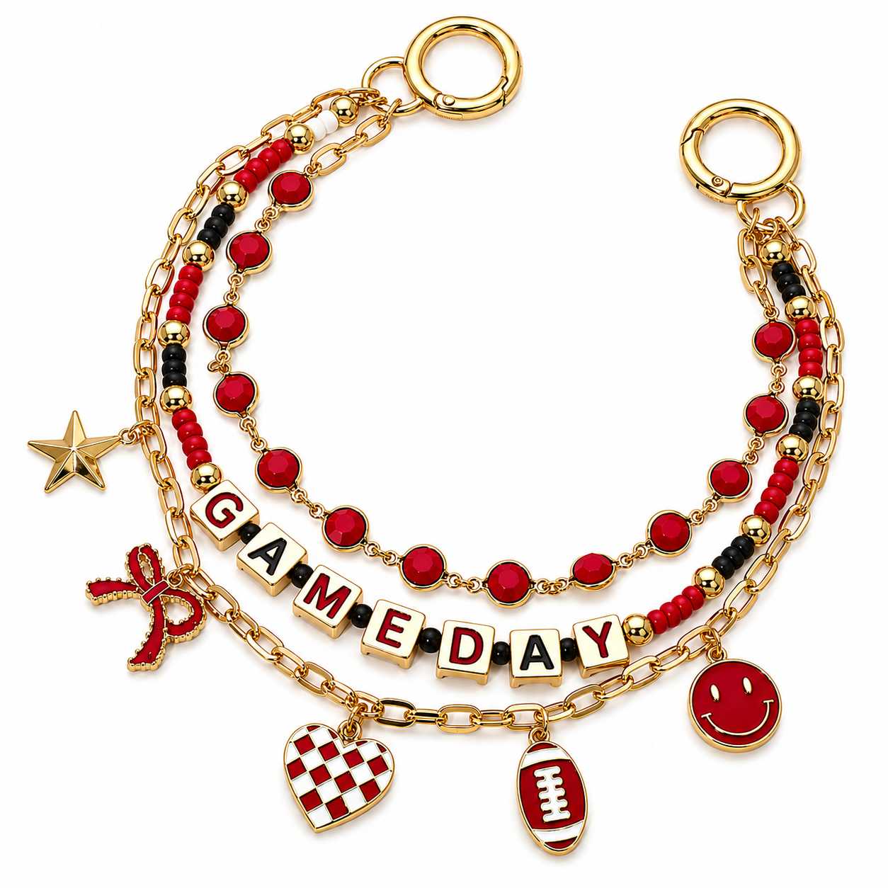 Red, black and gold layered game day bag charm with letter beads, chains and football-inspired charms.