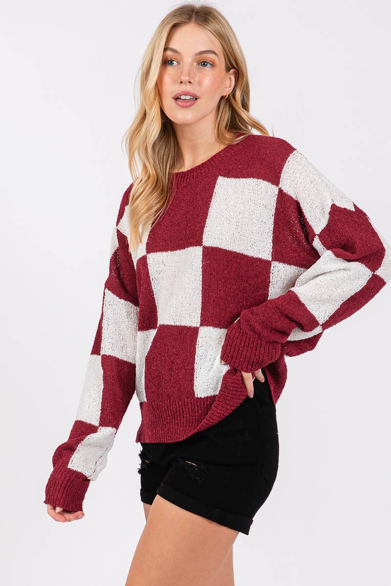 CHECKER SWEATER TOP : PURPLE/YELLOW / L