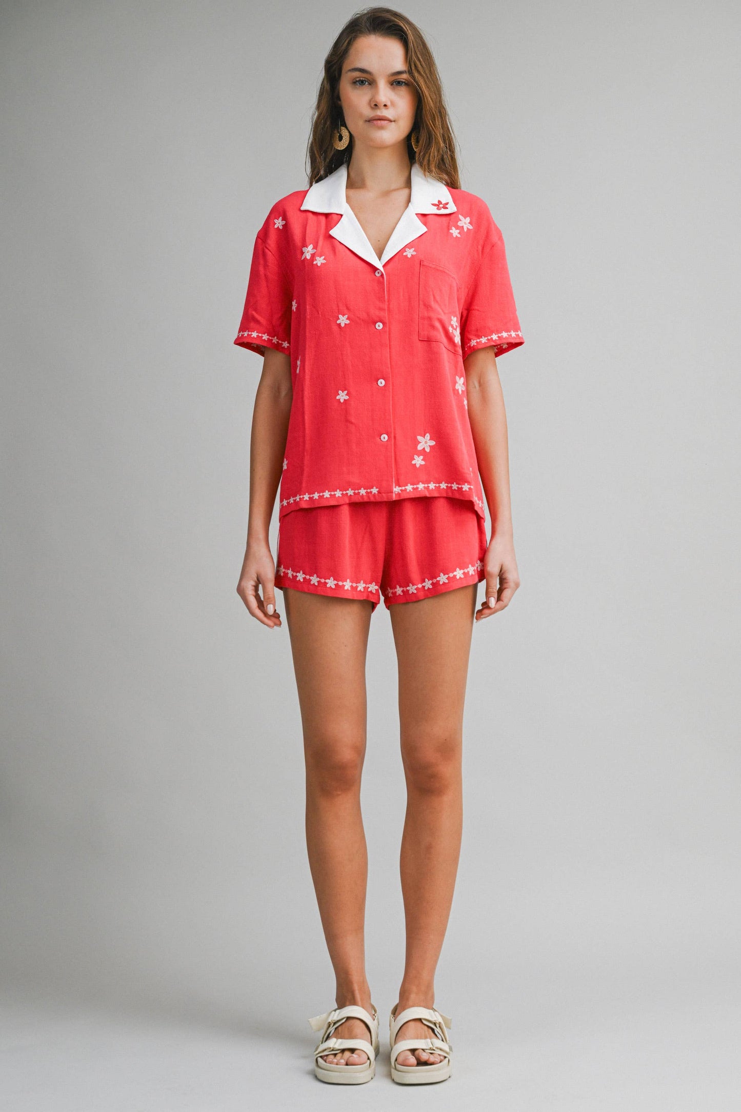 Bestickte Lounge-Shorts | Damen-Sommer-Pull-On-Shorts | Shorts mit Gummibund und Blumenverzierung | Passendes Set Unterteil