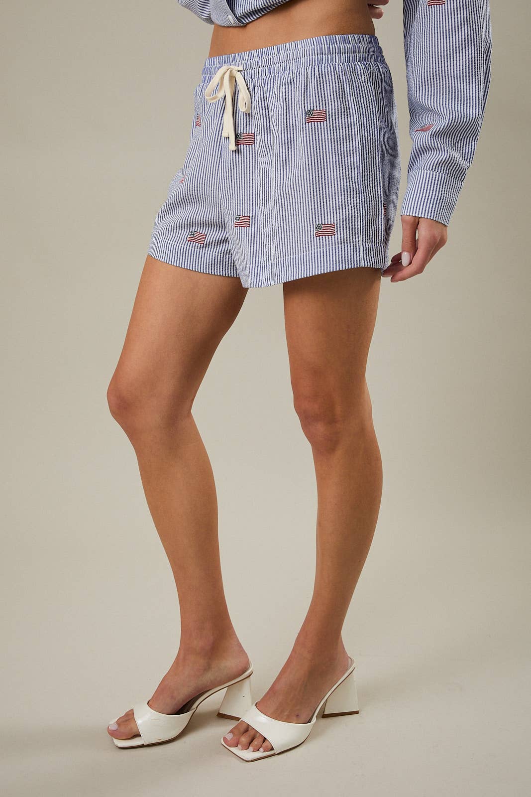 SHORTS MIT GESTICKTER STREIFENFLAGGE: MARINE-WEISS GESTREIFT / L