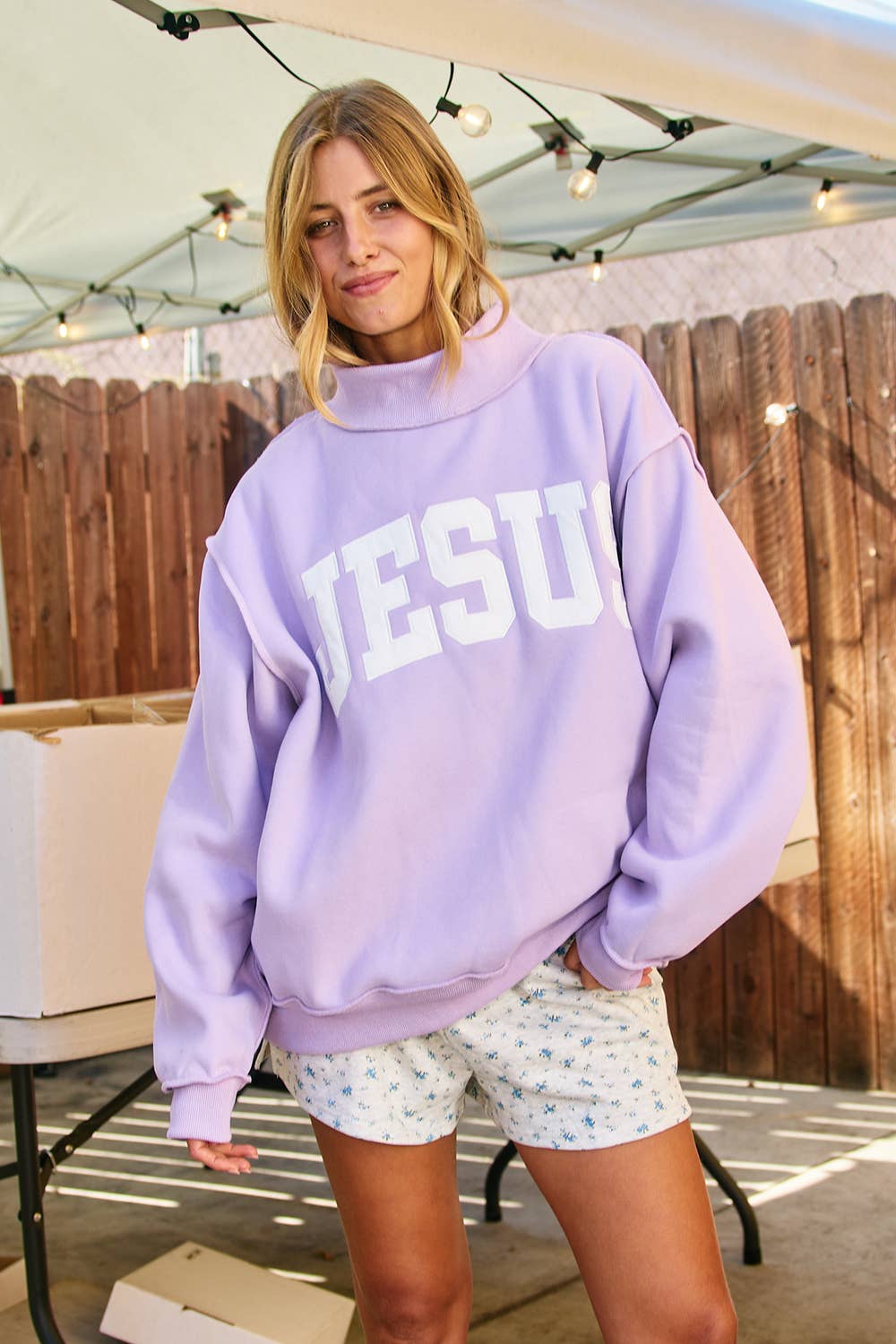 JESUS Embroidered Oversized Lavender Mock Neck Sweatshirt