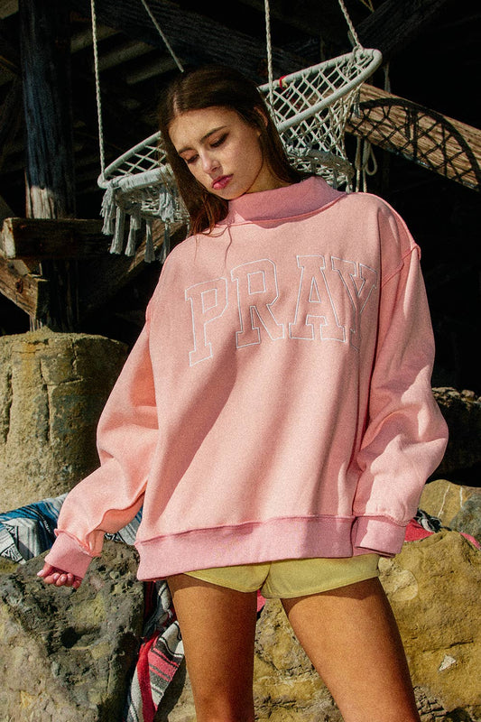 pray embroidered christian oversized sweatshirt pink cozy fleece pullover